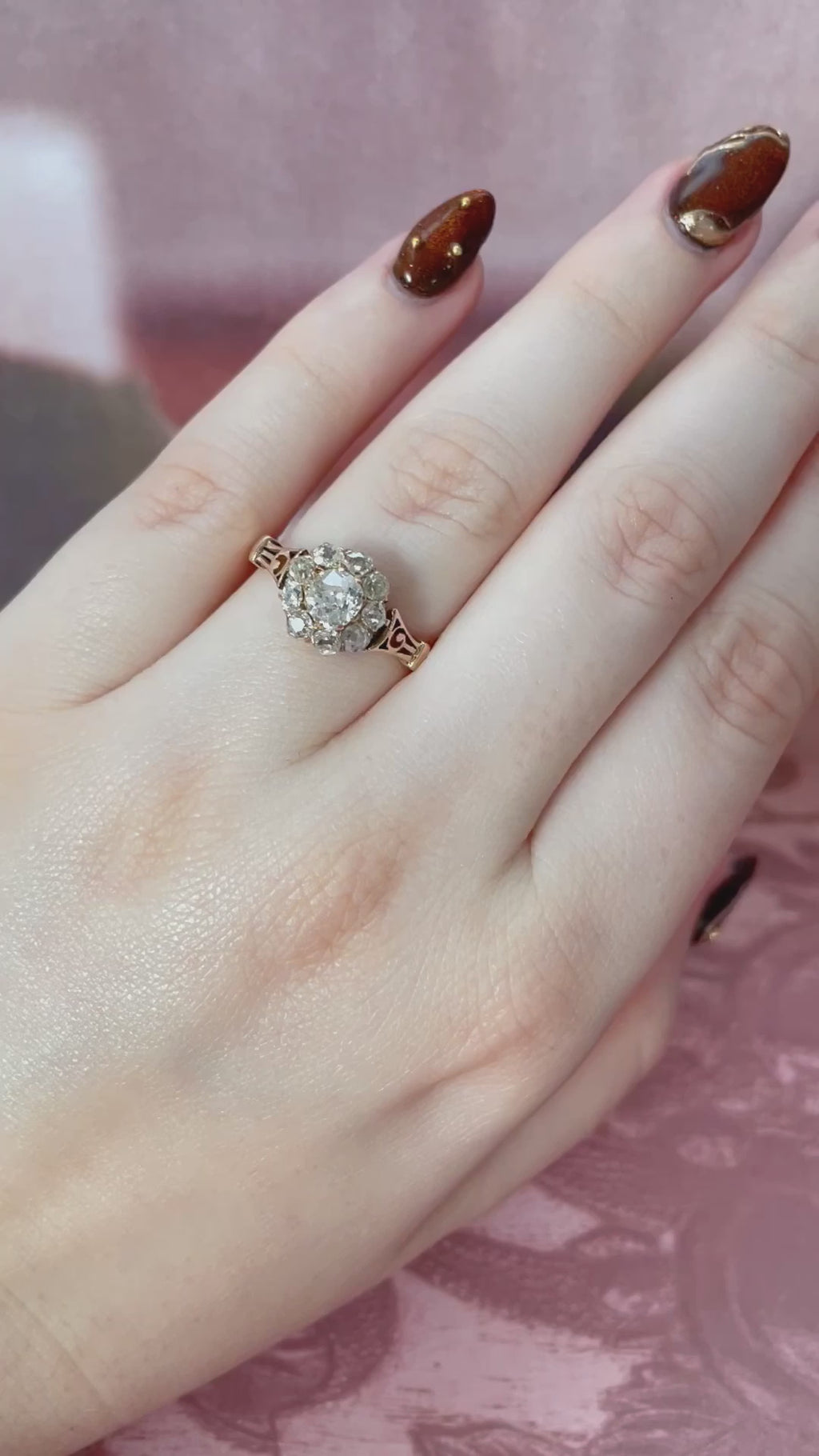 Victorian 10K Rose Gold and Old Mine Cut Diamond Cluster Ring