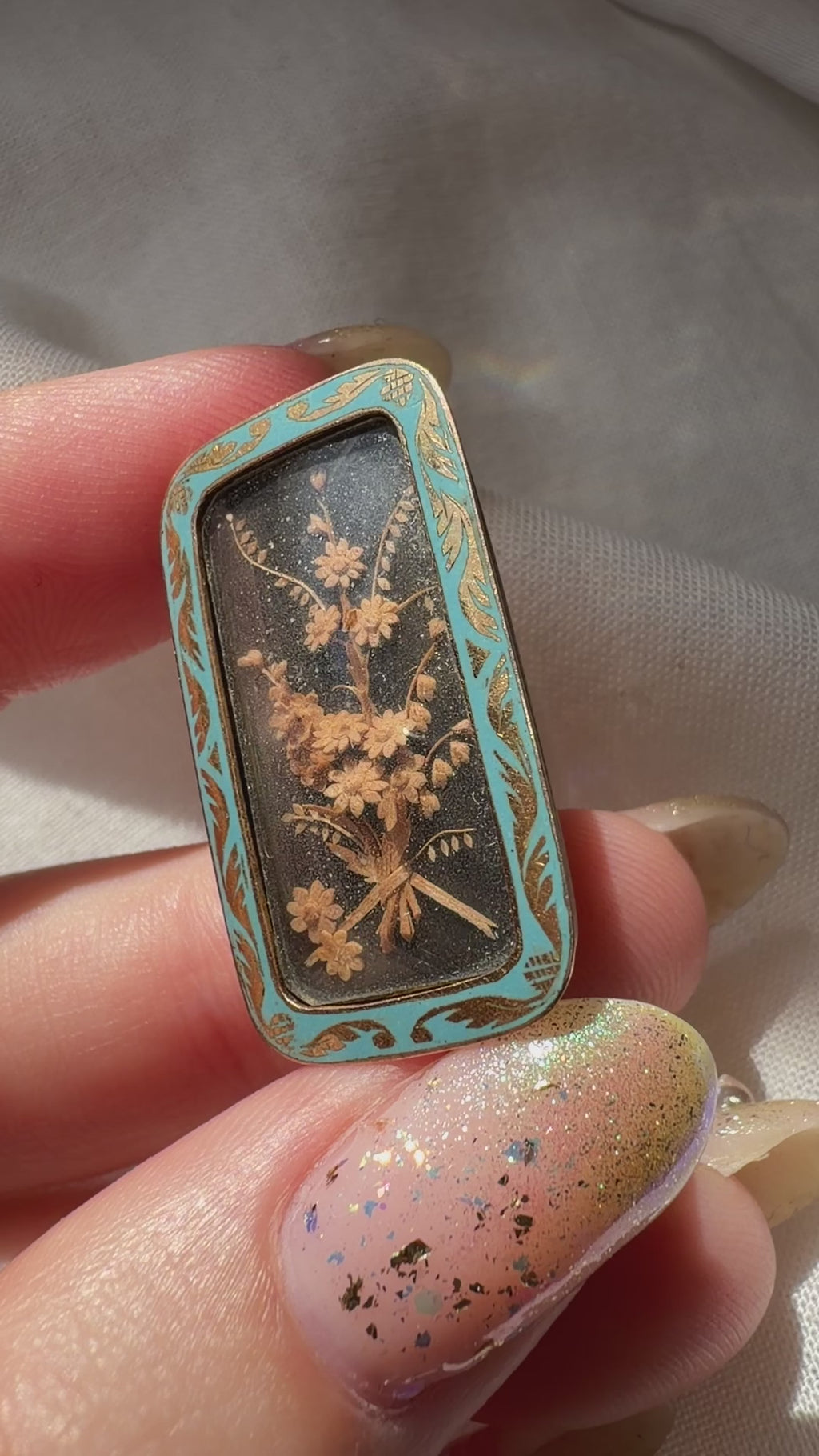 Victorian 14k Rose Gold, Carved Wood and Enamel Flower Shadow Box Brooch