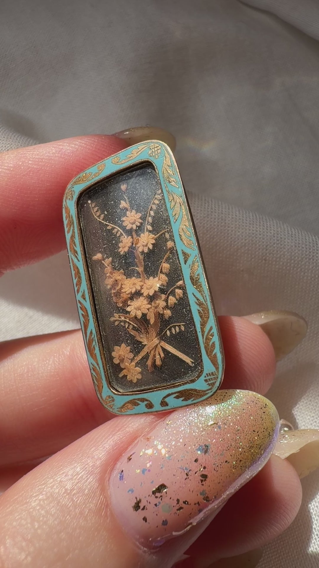 Victorian 14k Rose Gold, Carved Wood and Enamel Flower Shadow Box Brooch