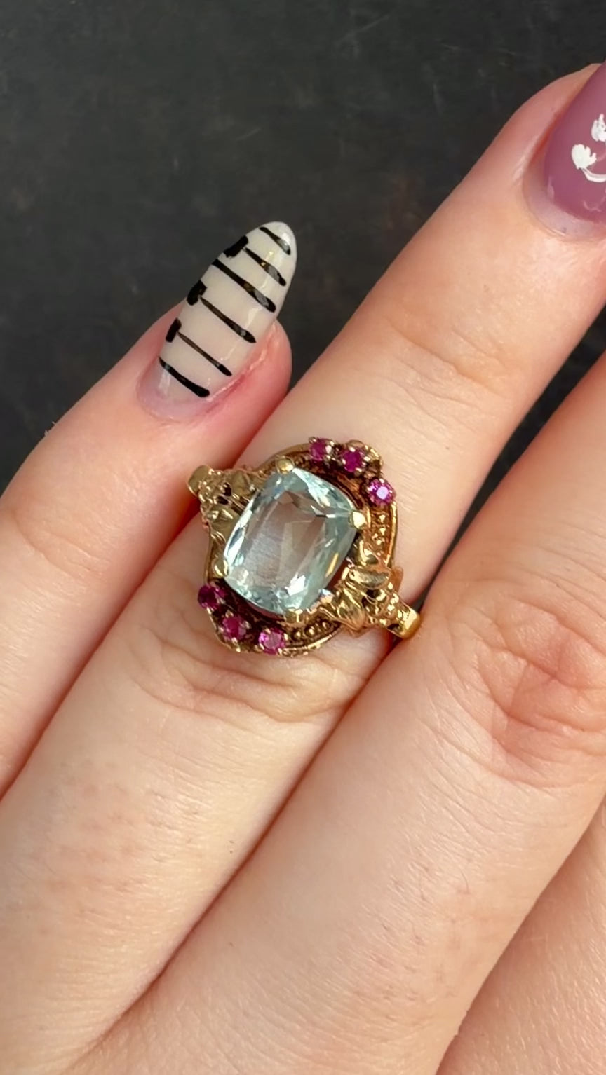 Retro Kielty & Beard 14k Yellow Gold, Aquamarine, and Ruby Ring