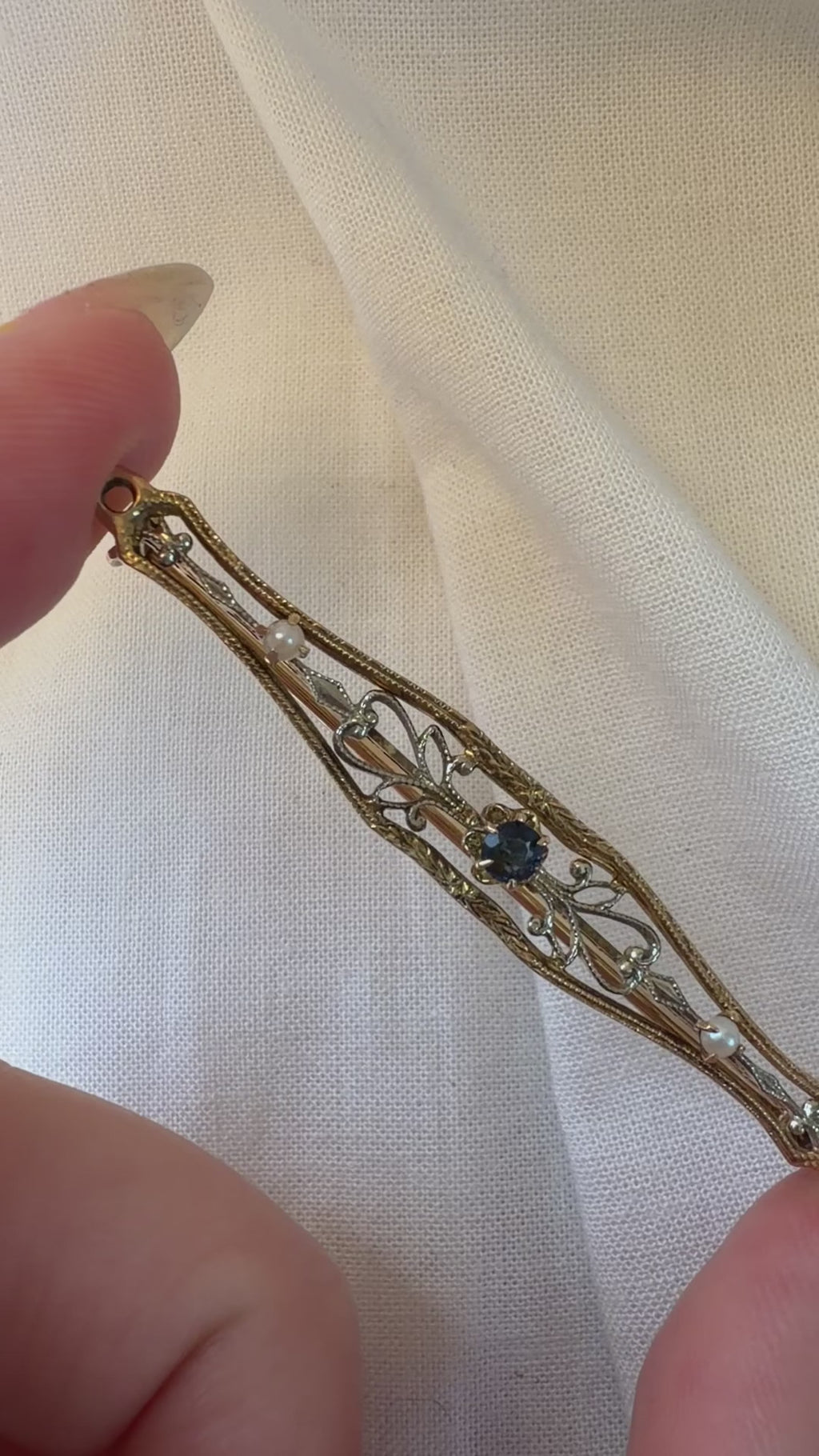 Edwardian Ostby & Barton 14k Two Tone Gold, Sapphire, and Pearl Filigree Bar Brooch