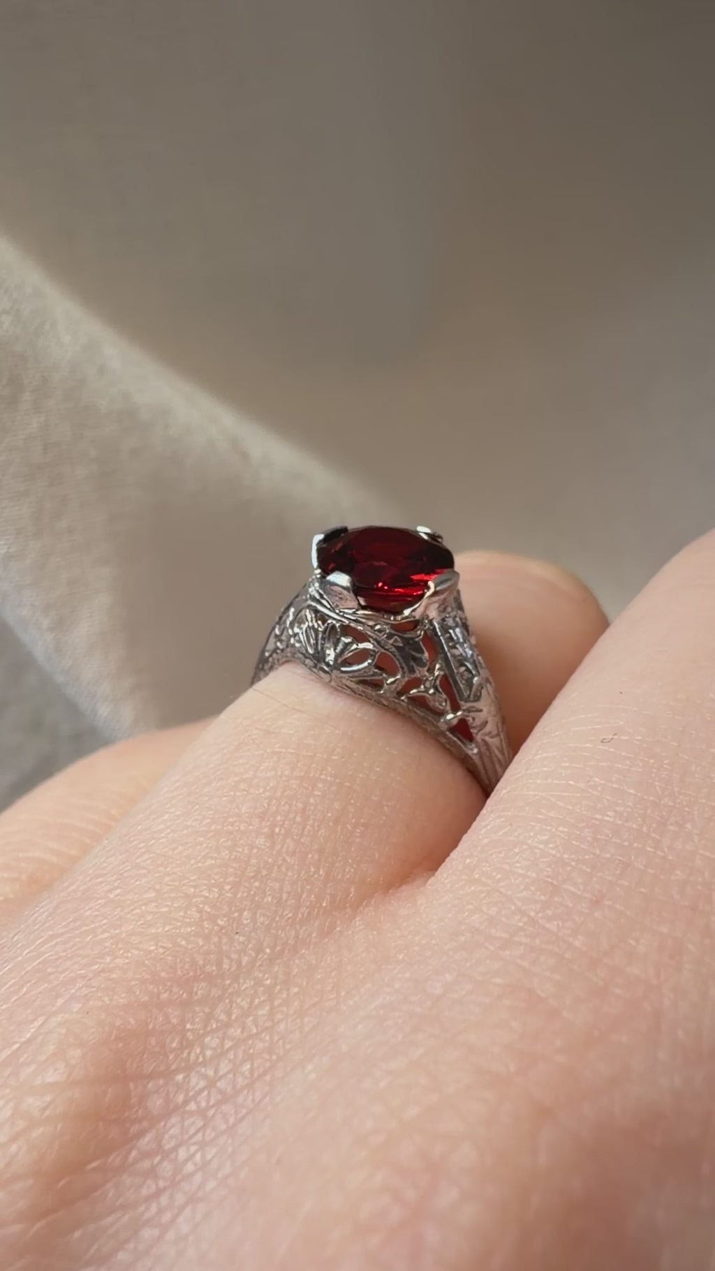 Art Deco 14k White Gold and Garnet Filigree Ring