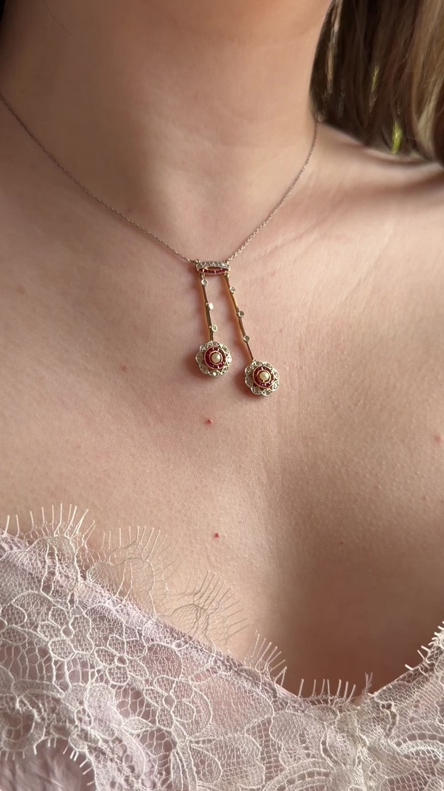 Edwardian Platinum, 18k Gold, Diamond, Ruby, and Pearl Target Neglige Necklace