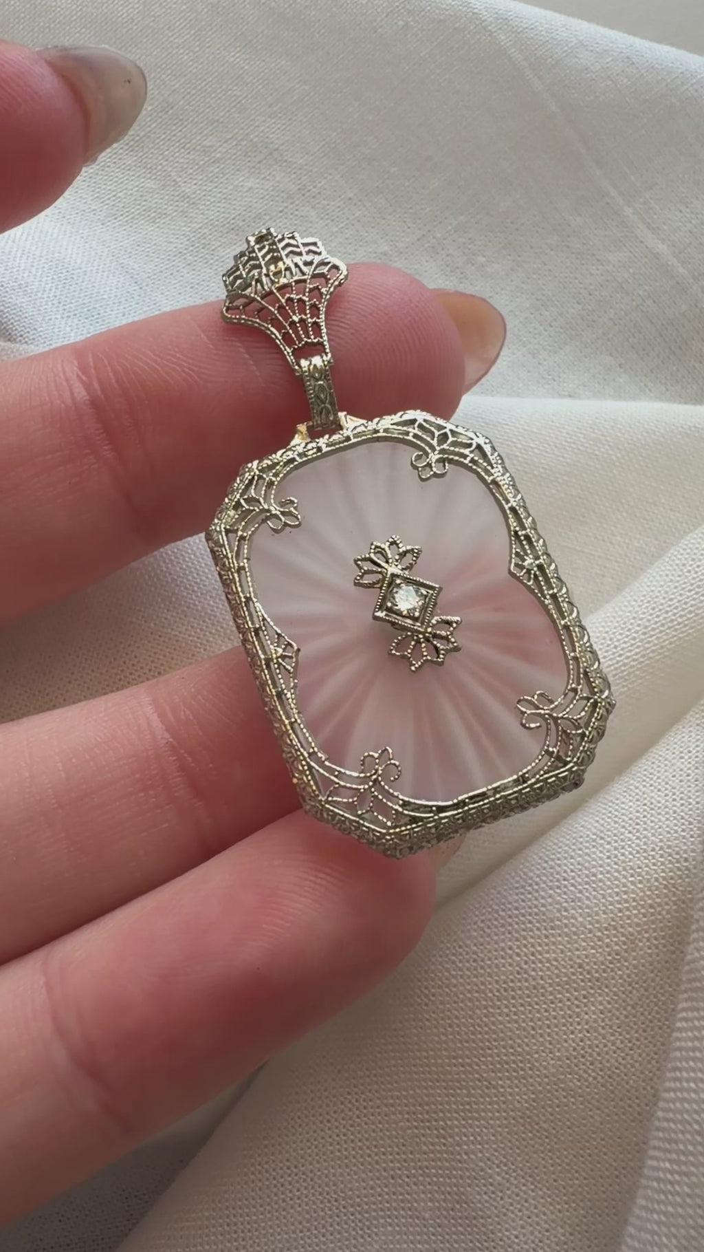 Art Deco 14k White Gold, Carved Crystal, and Diamond Filigree Pendant