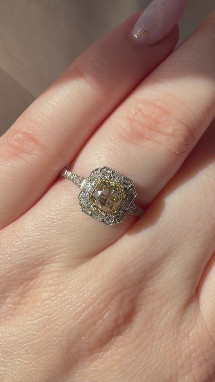 Art Deco-Inspired Platinum Fancy Light Brown Old Mine Cut Halo Ring