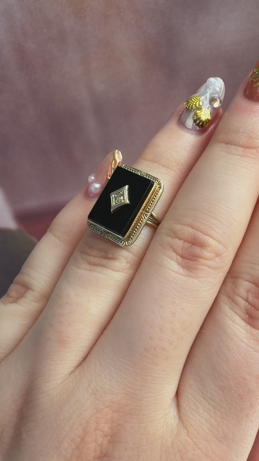 Art Deco 10k Yellow Gold, Onyx, and Diamond Ring