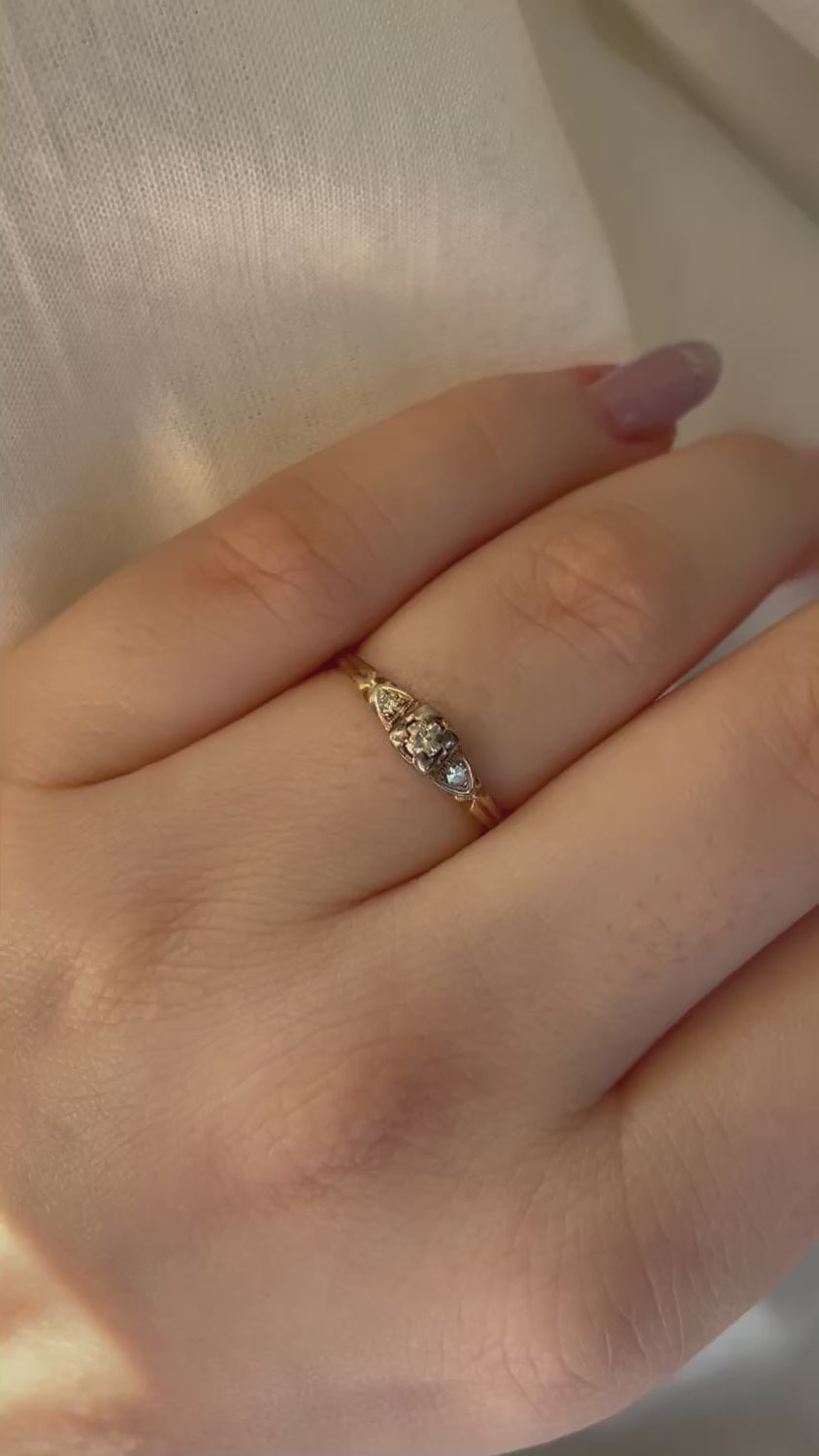 Retro 14k Yellow Gold and Diamond Three Stone Ring