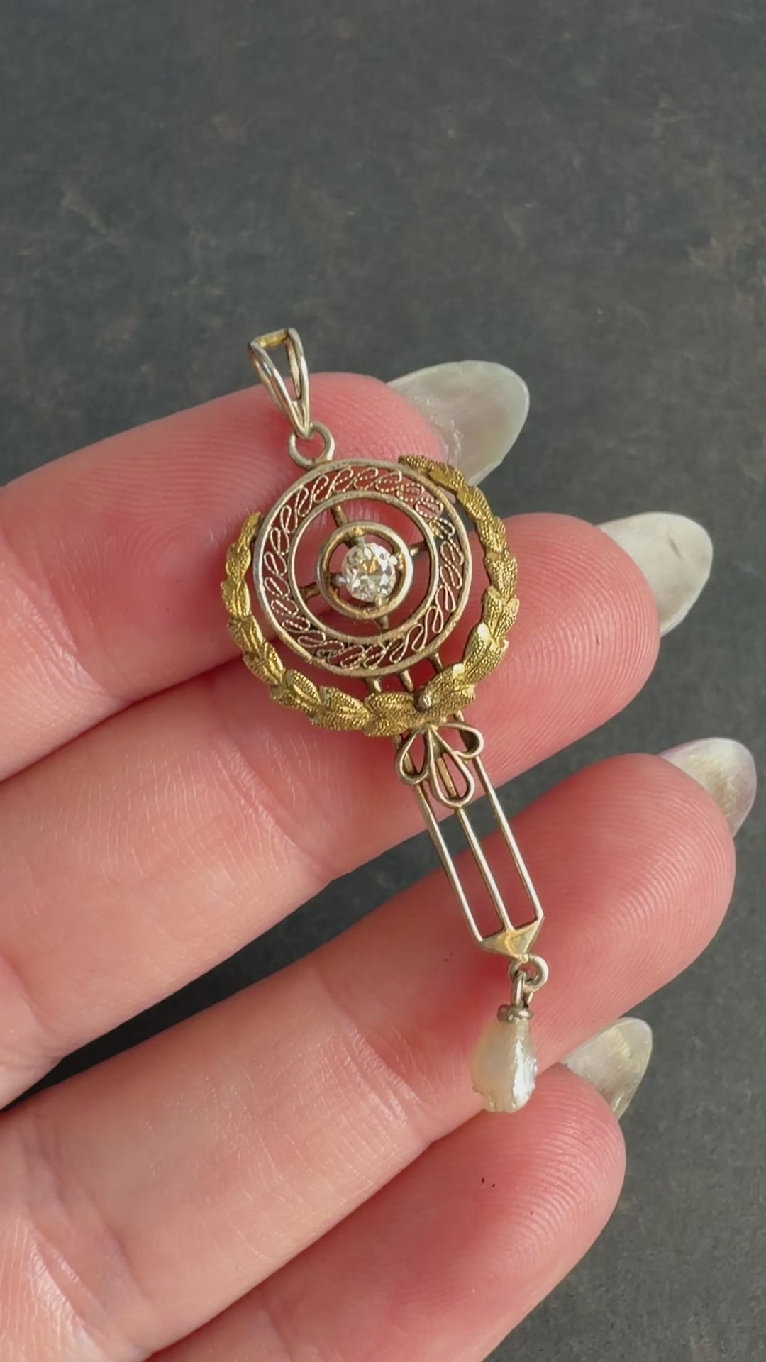 Edwardian 10k Yellow Gold, Diamond, and Pearl Lavalier Pendant