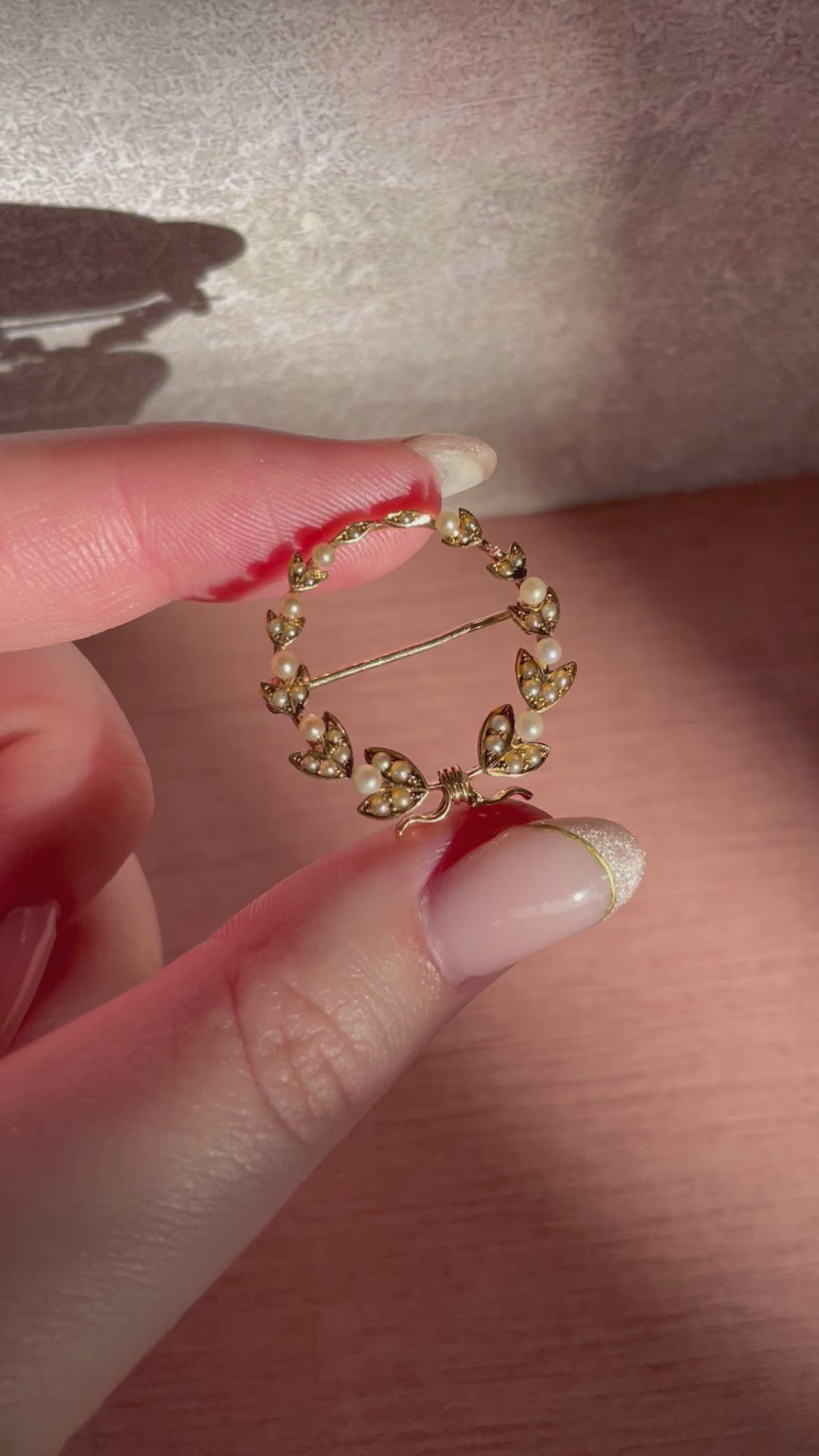 Edwardian 14k Yellow Gold and Seed Pearl Laurel Wreath Brooch