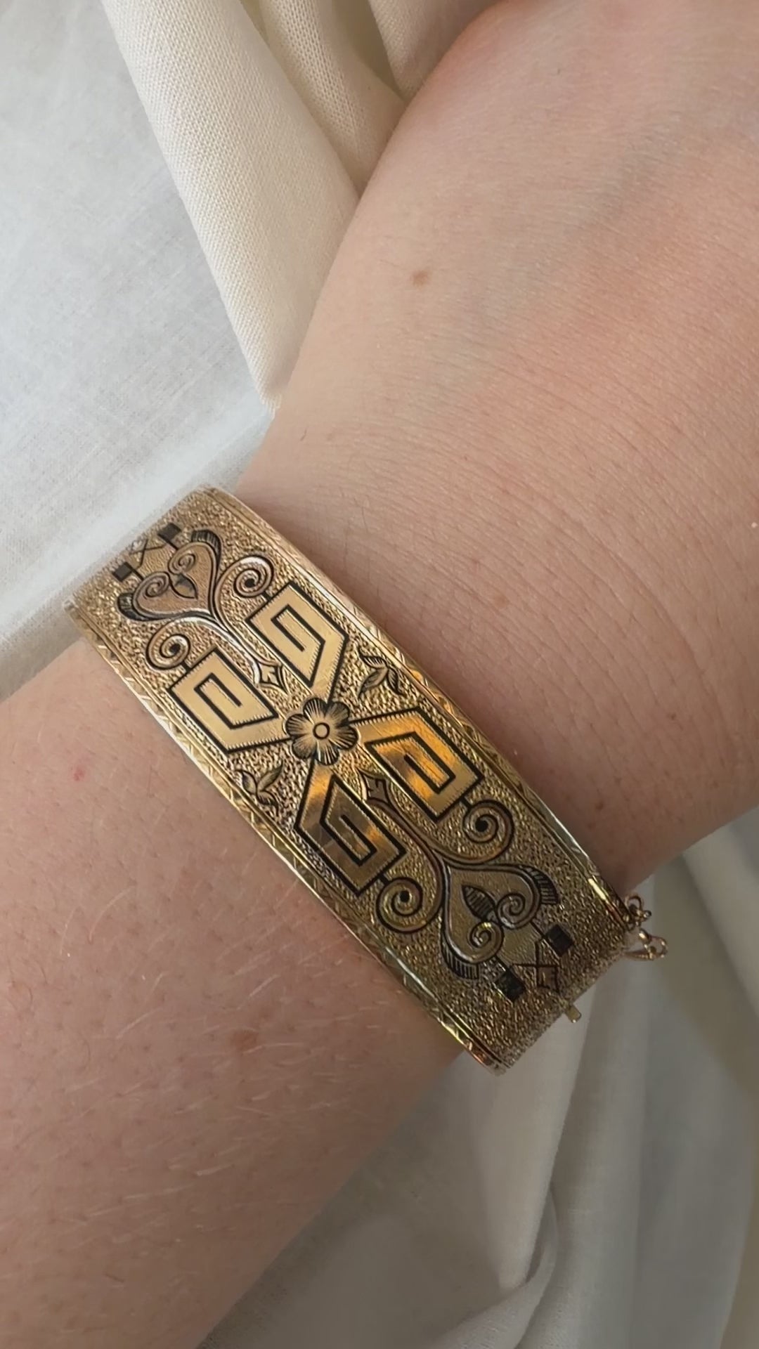 Victorian 10k Yellow Gold and Black Enamel Floral Taille D'Epargne Bangle Bracelet