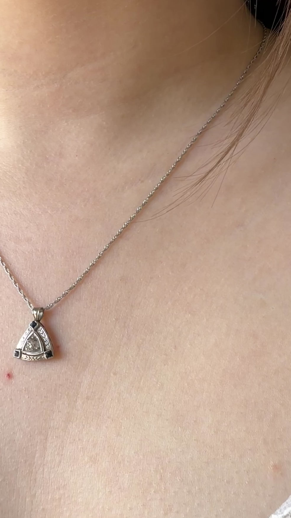 Art Deco 14k White Gold, Diamond, and Synthetic Sapphire Pendant Necklace