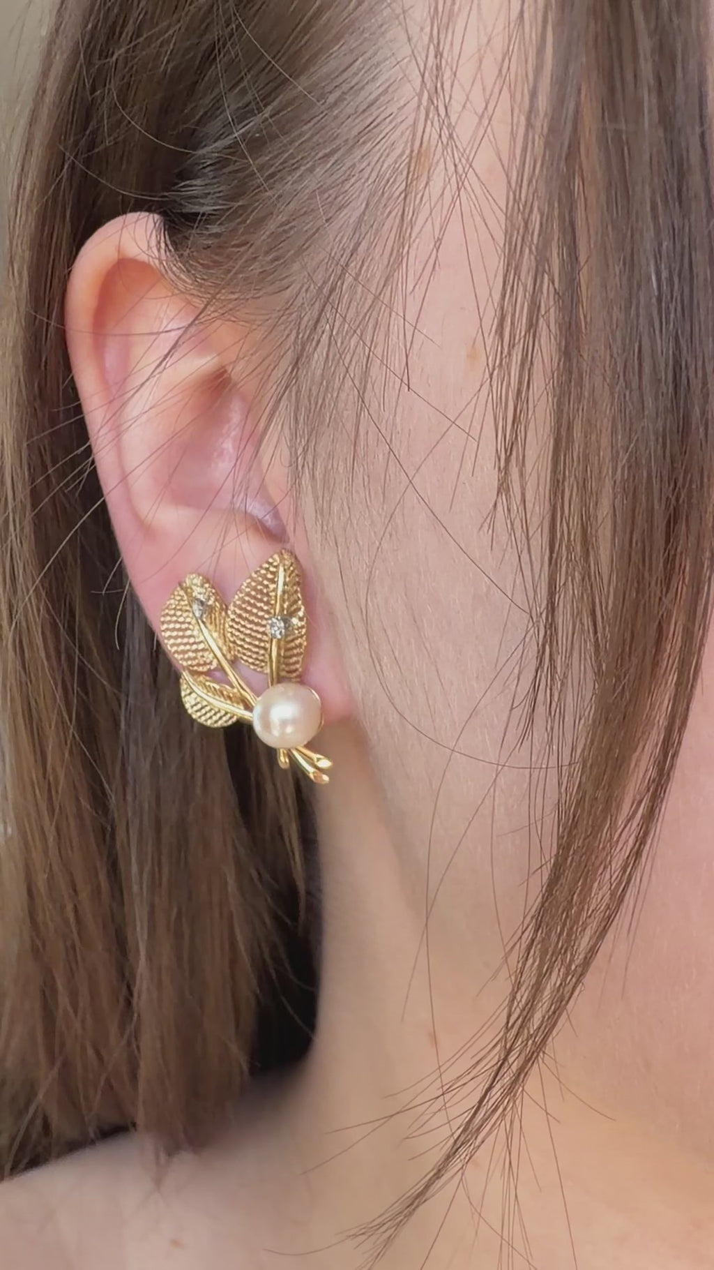 Pair of Mid Century 14k Yellow Gold, Pearl, and Diamond Flora Leaf Ear Clip Earrings