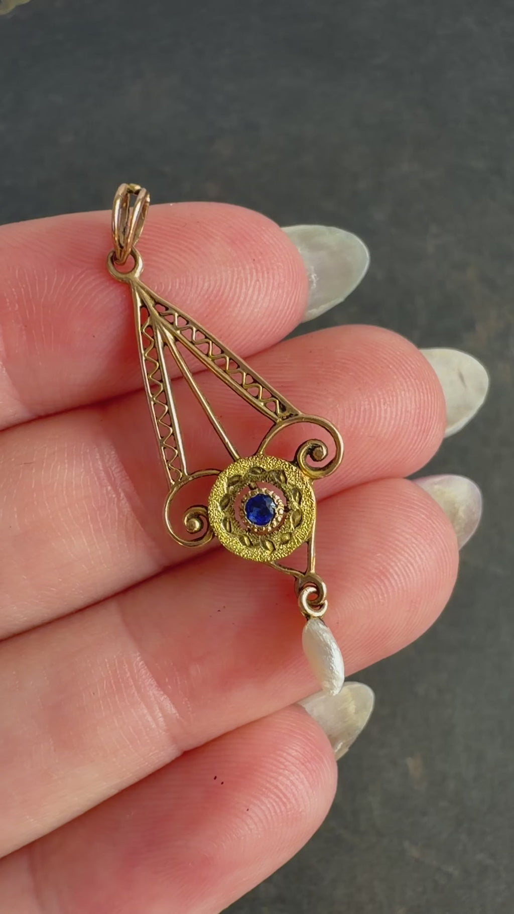 Edwardian 10k Yellow Gold, Blue Glass, and Pearl Lavalier Pendant
