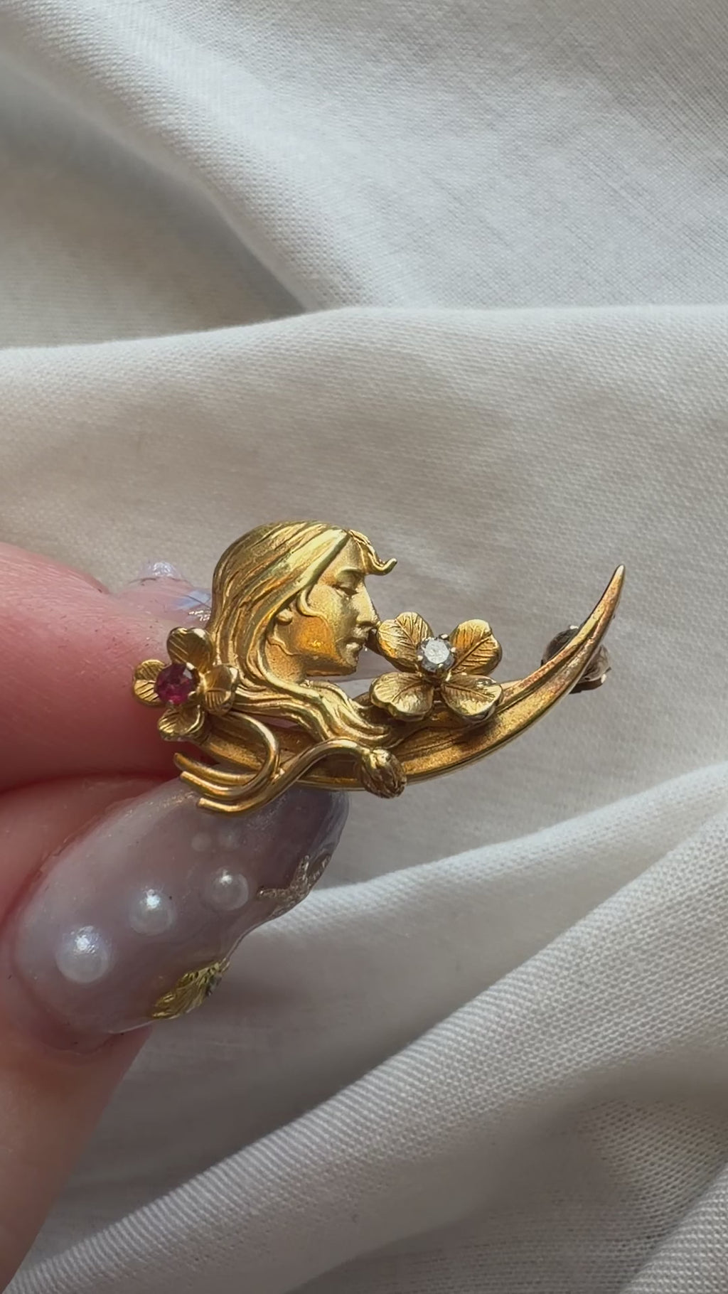 Art Nouveau 14k Yellow Gold, Diamond, and Ruby Clover Goddess Crescent Moon Pin