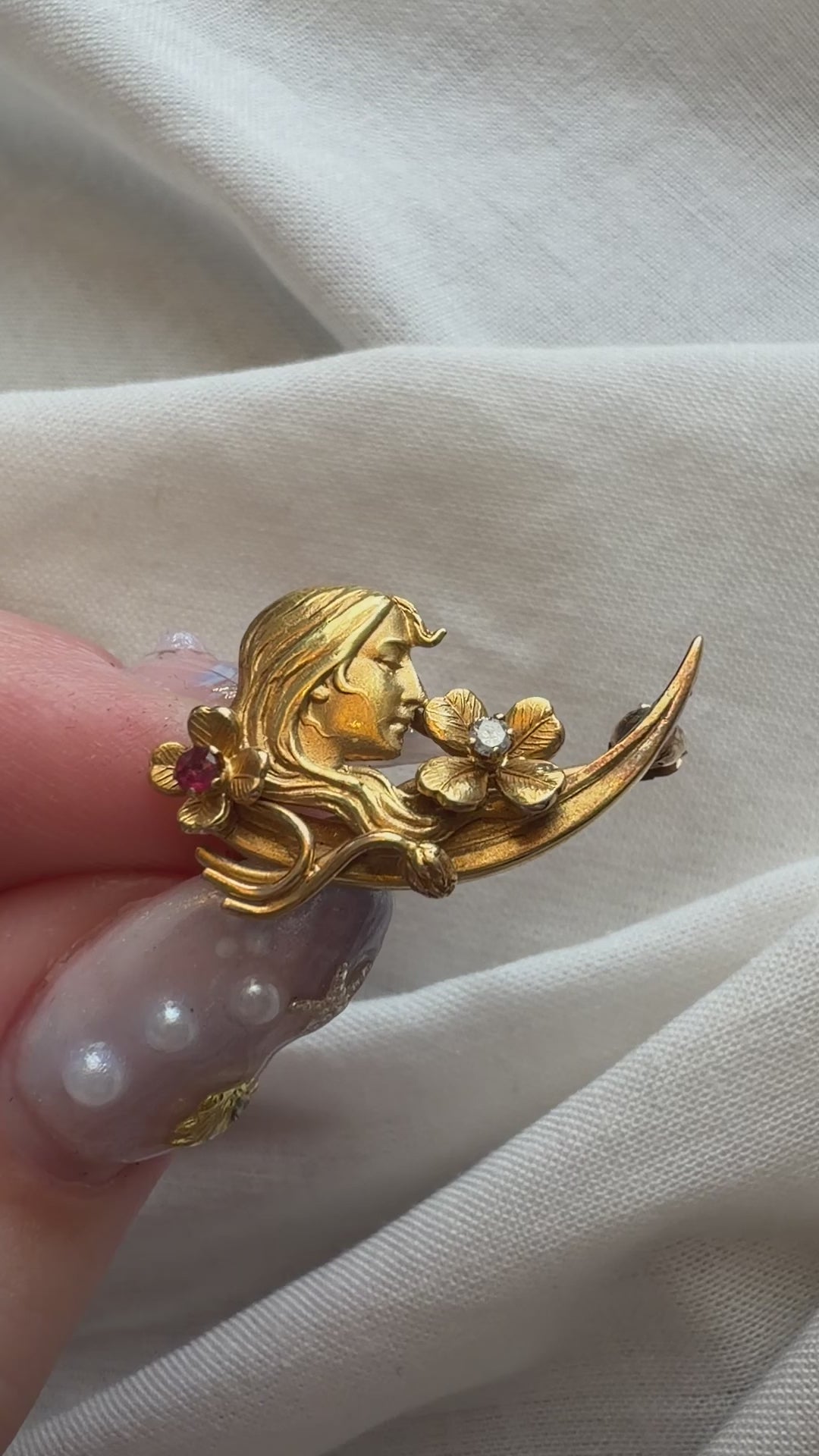 Art Nouveau 14k Yellow Gold, Diamond, and Ruby Clover Goddess Crescent Moon Pin