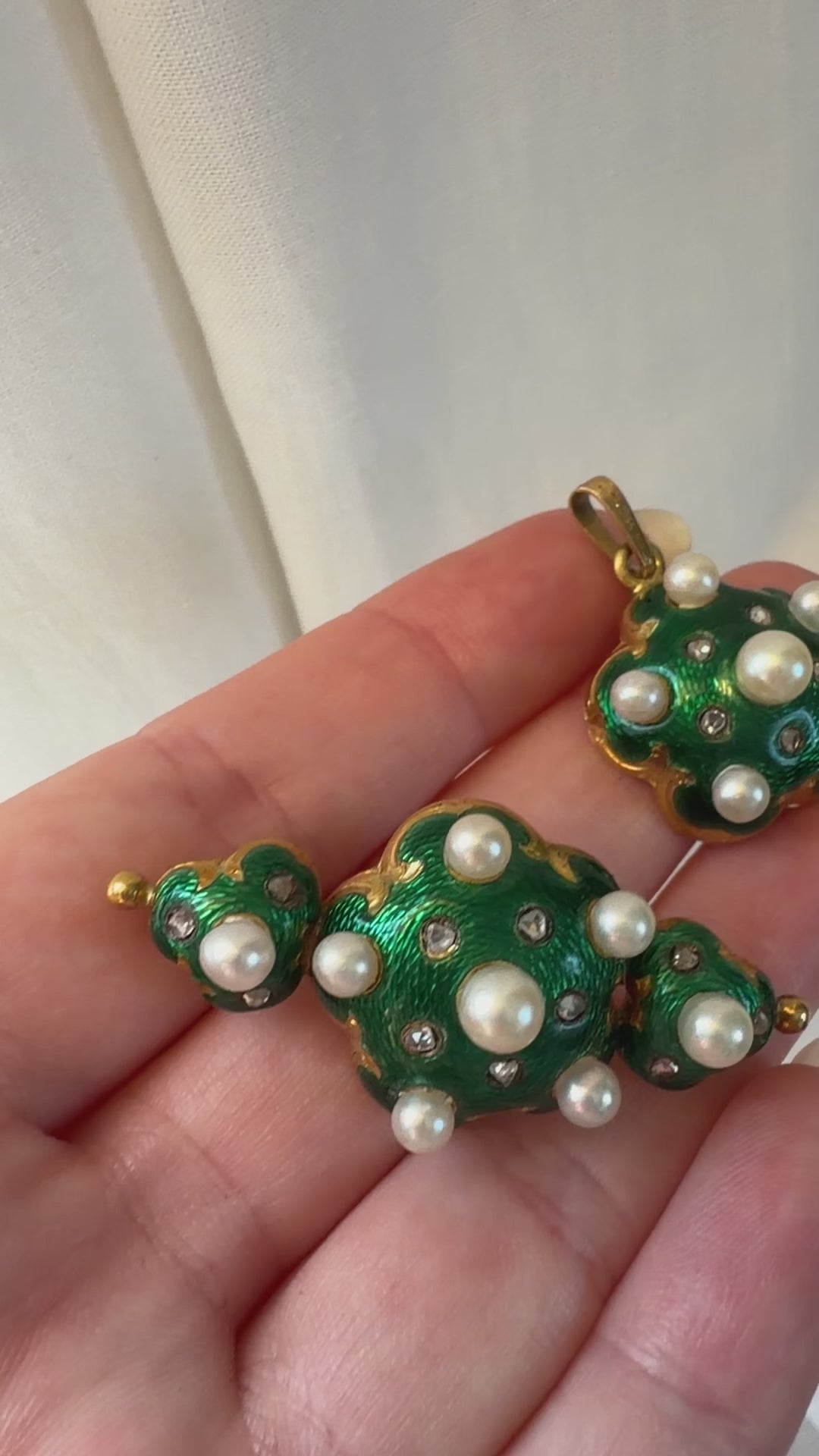Victorian 18k Yellow Gold, Pearl, Diamond and Guilloché Enamel Brooch and Pendant Set