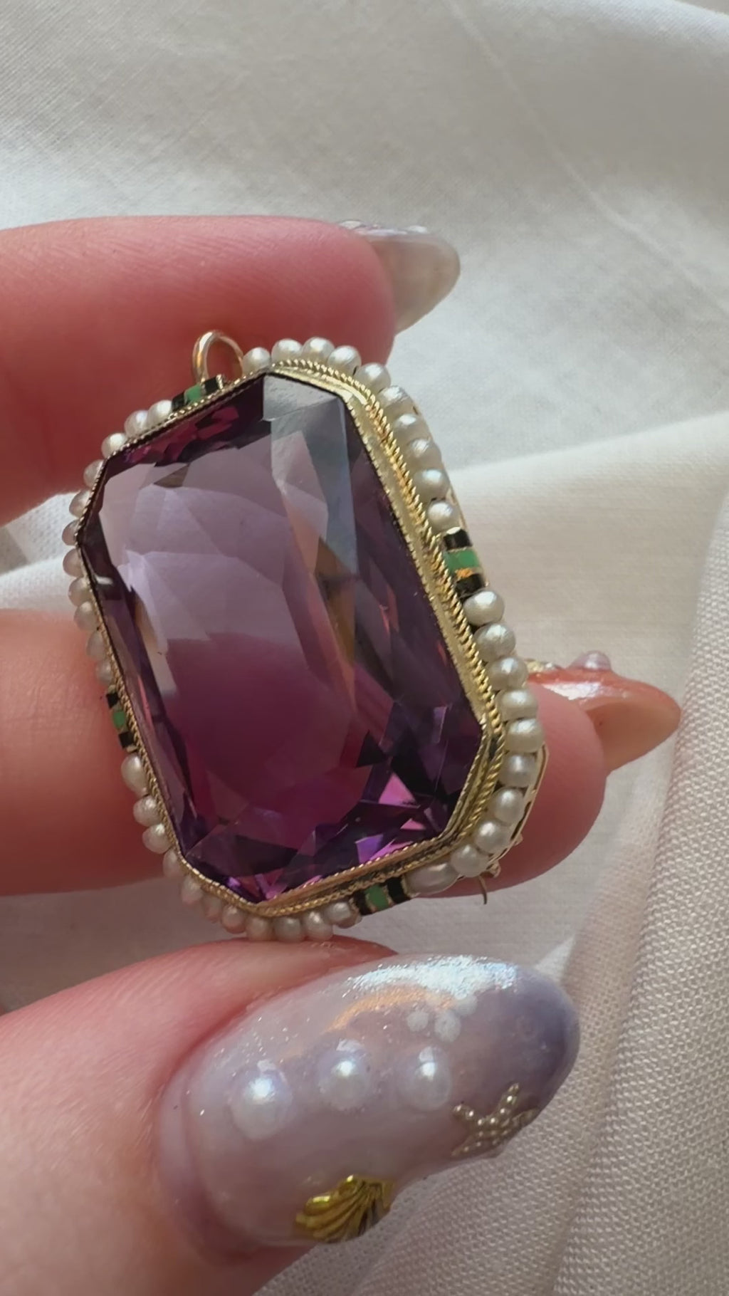 Art Deco Walter Lampl 14k Yellow Gold, Amethyst, Seed Pearl, and Enamel Pendant Brooch