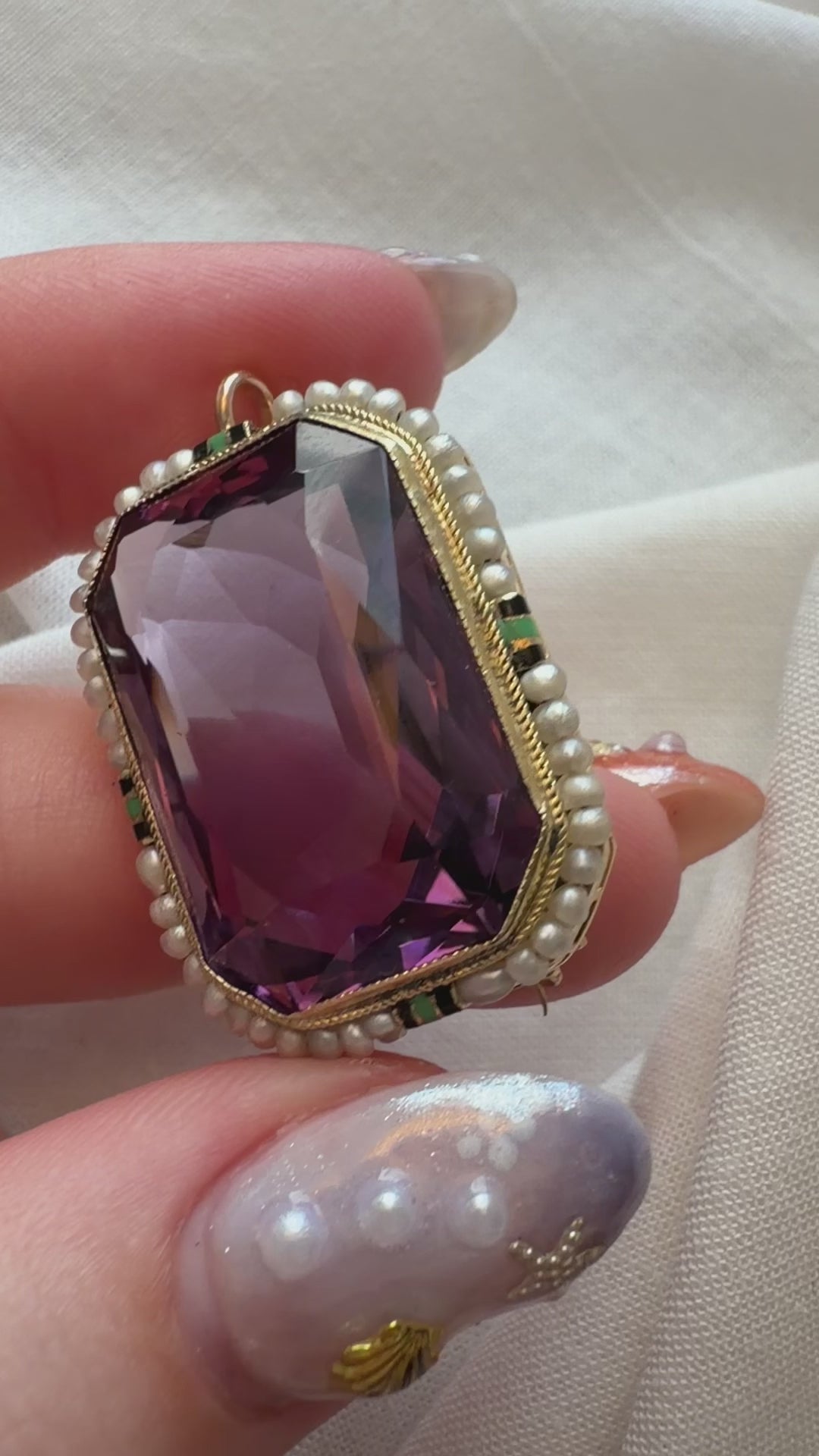 Art Deco Walter Lampl 14k Yellow Gold, Amethyst, Seed Pearl, and Enamel Pendant Brooch