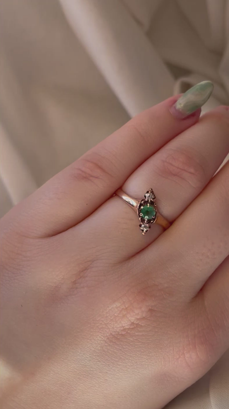 Victorian 10k Rose Gold, Emerald, and Diamond Navette Ring
