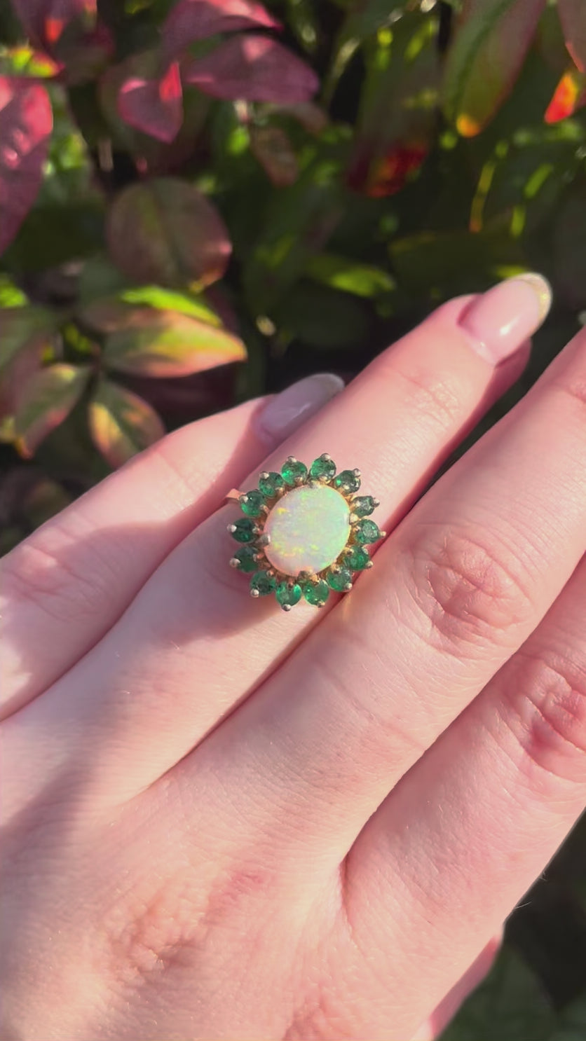 Vintage 14k Yellow Gold, Opal, and Emerald Cluster Ring
