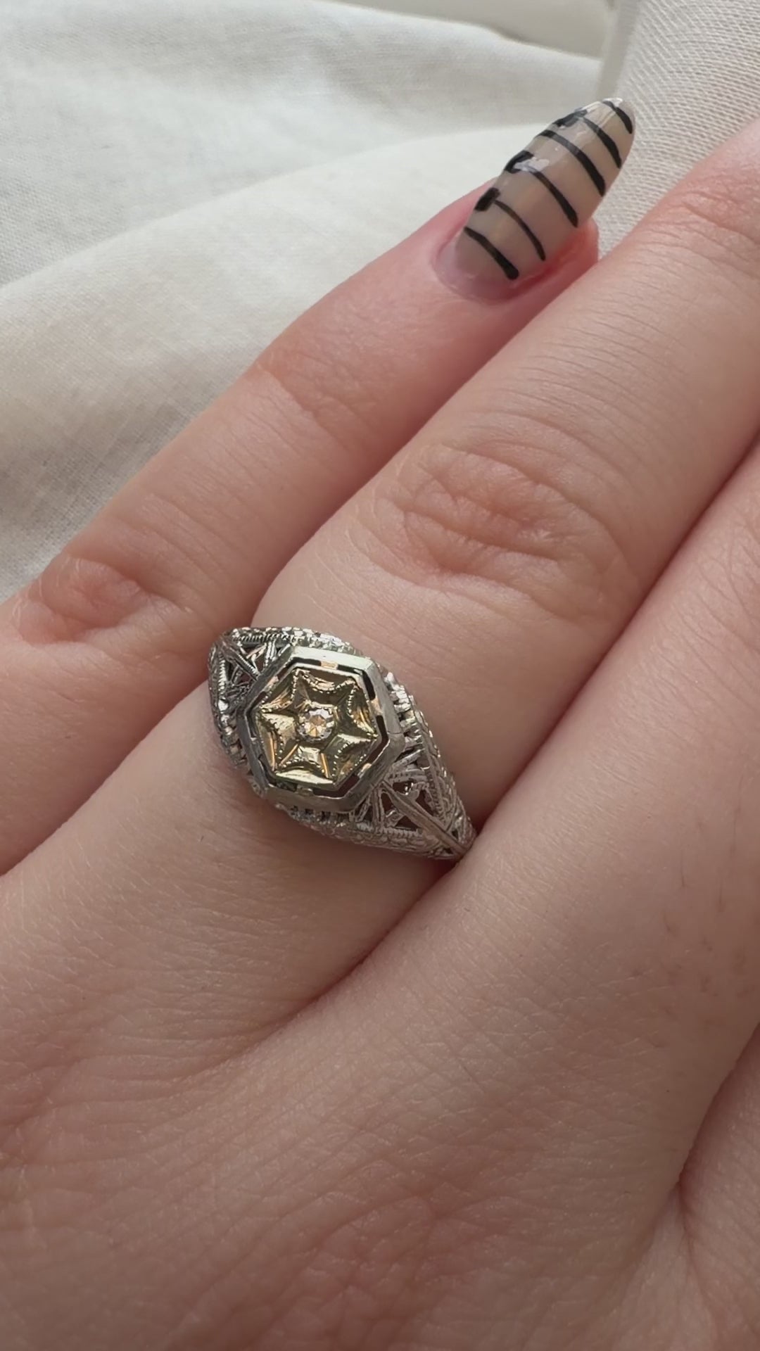 Art Deco 18k White Gold and Diamond Filigree Dome Ring