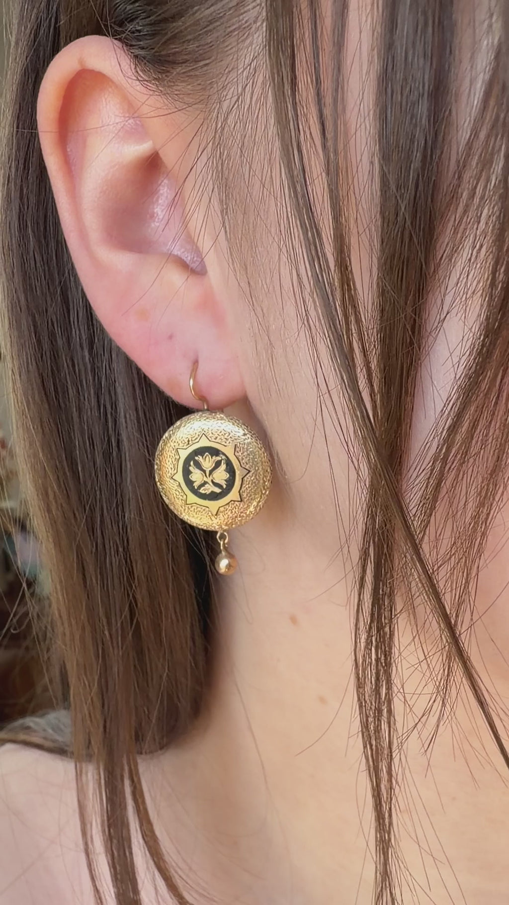 Pair of Victorian 14k Yellow Gold and Black Enamel Drop Earrings