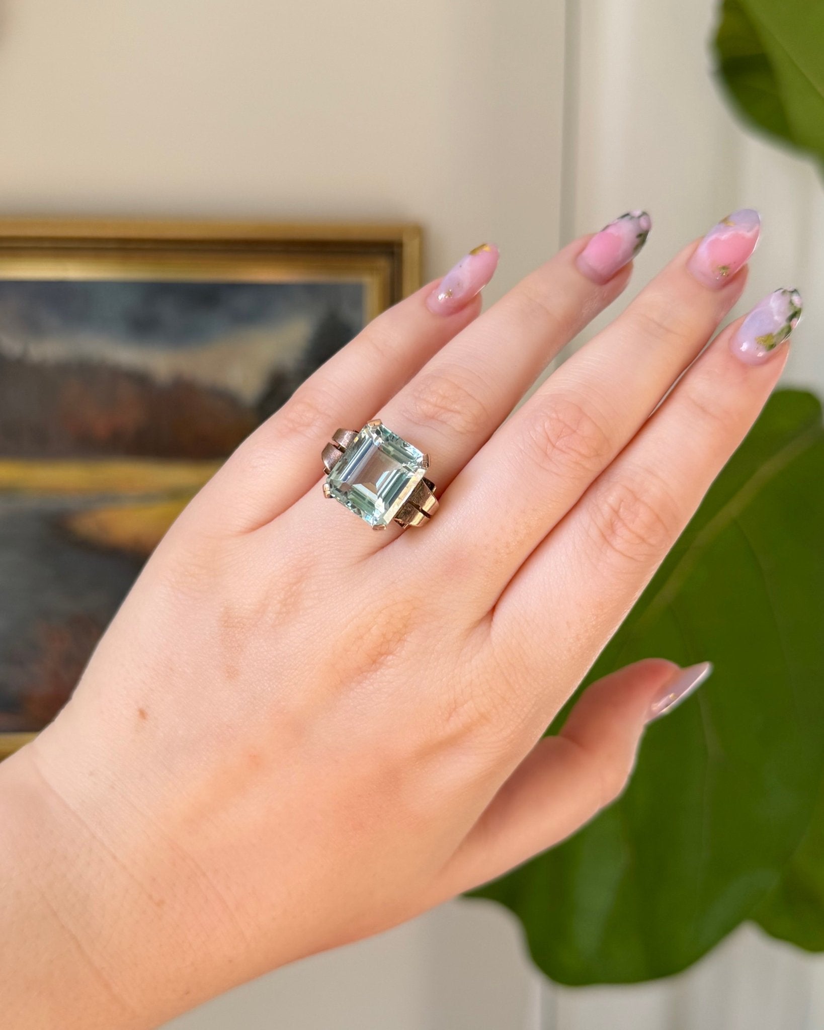 Retro 10k Rose Gold and Aquamarine Cocktail Ring - Clover Collective Antiques