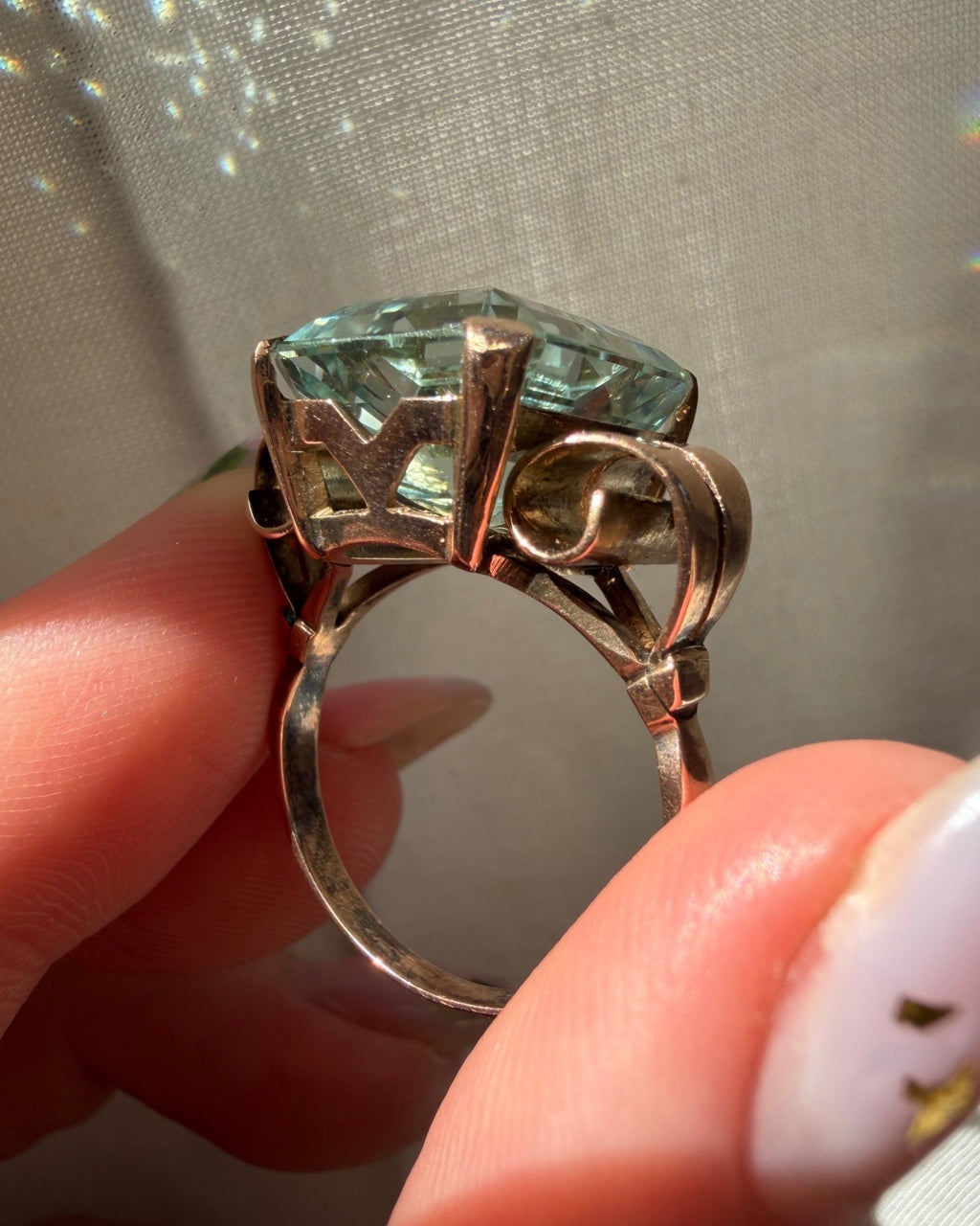 Retro 10k Rose Gold and Aquamarine Cocktail Ring - Clover Collective Antiques