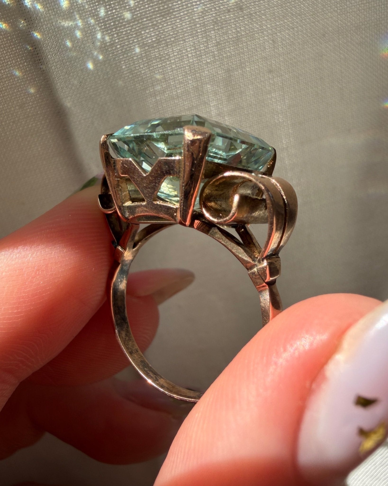 Retro 10k Rose Gold and Aquamarine Cocktail Ring - Clover Collective Antiques