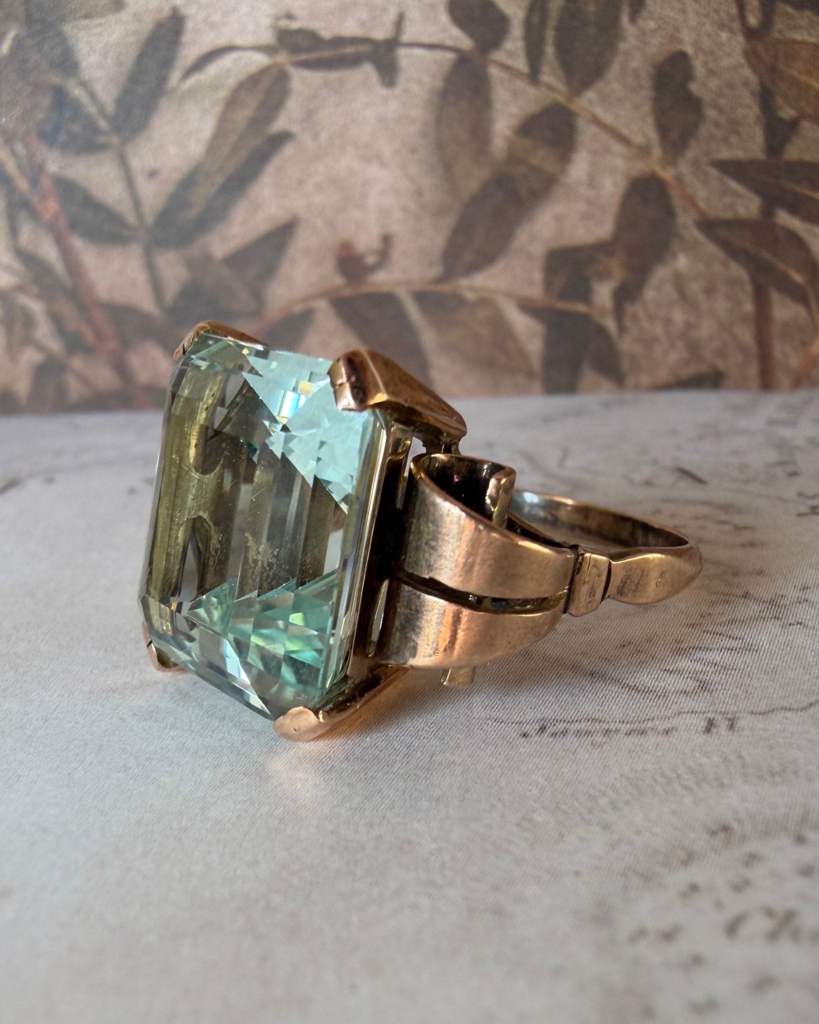 Retro 10k Rose Gold and Aquamarine Cocktail Ring - Clover Collective Antiques