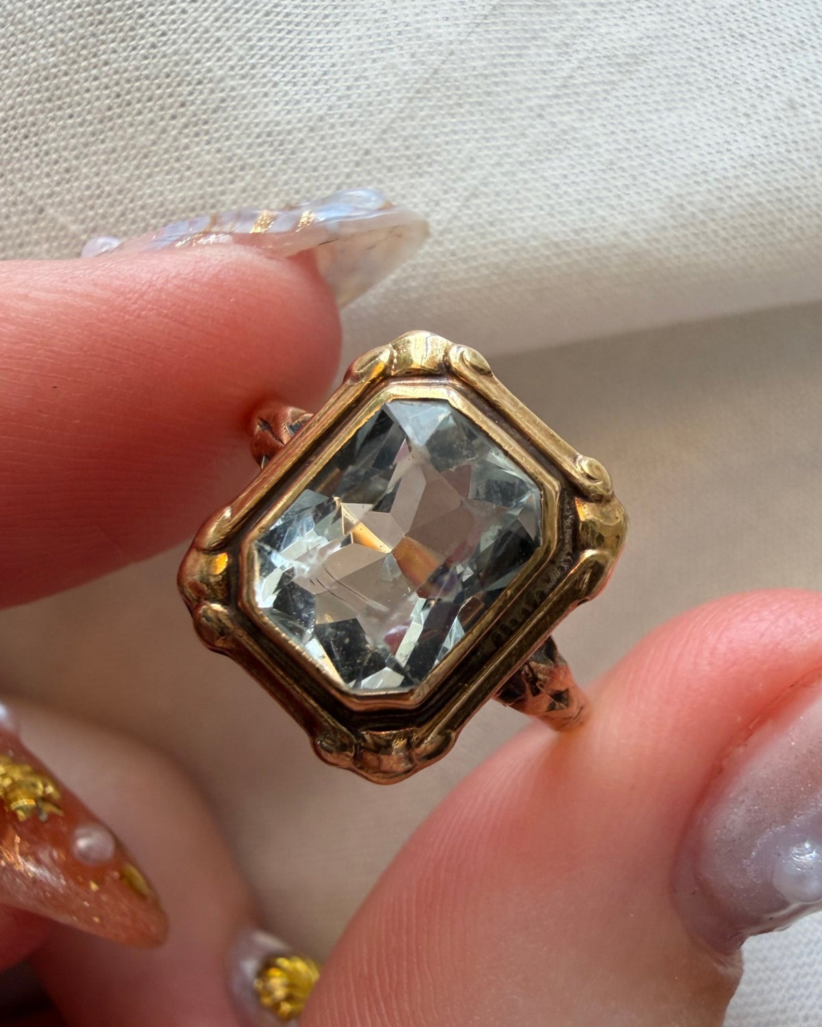 Retro 10k Yellow Gold and Aquamarine Bezel Set Ring - Clover Collective Antiques