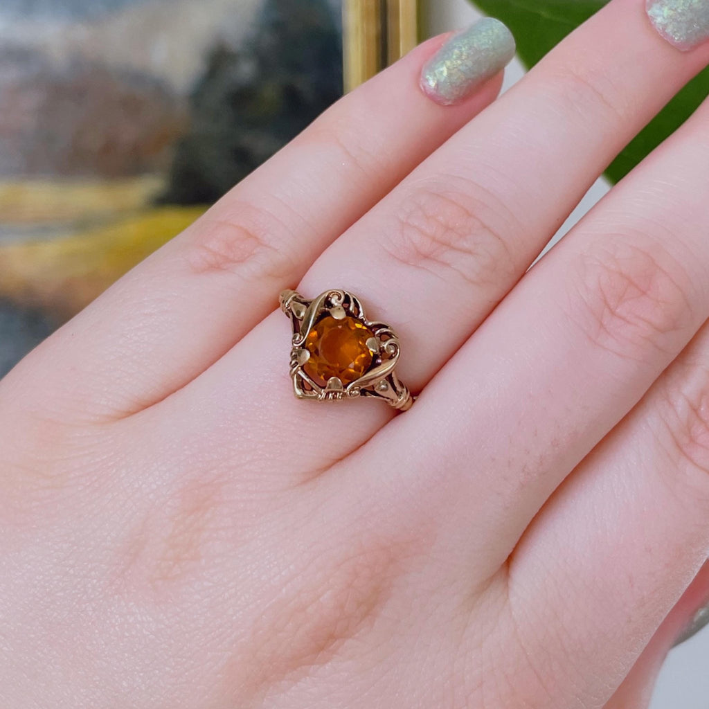 Retro 10k Yellow Gold and Citrine Heart Ring - Clover Collective Antiques