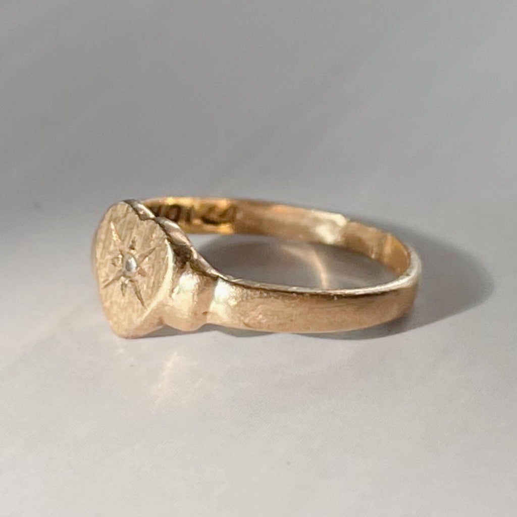 Retro 10k Yellow Gold and Diamond Heart Compass Signet Baby Midi Ring - Clover Collective Antiques