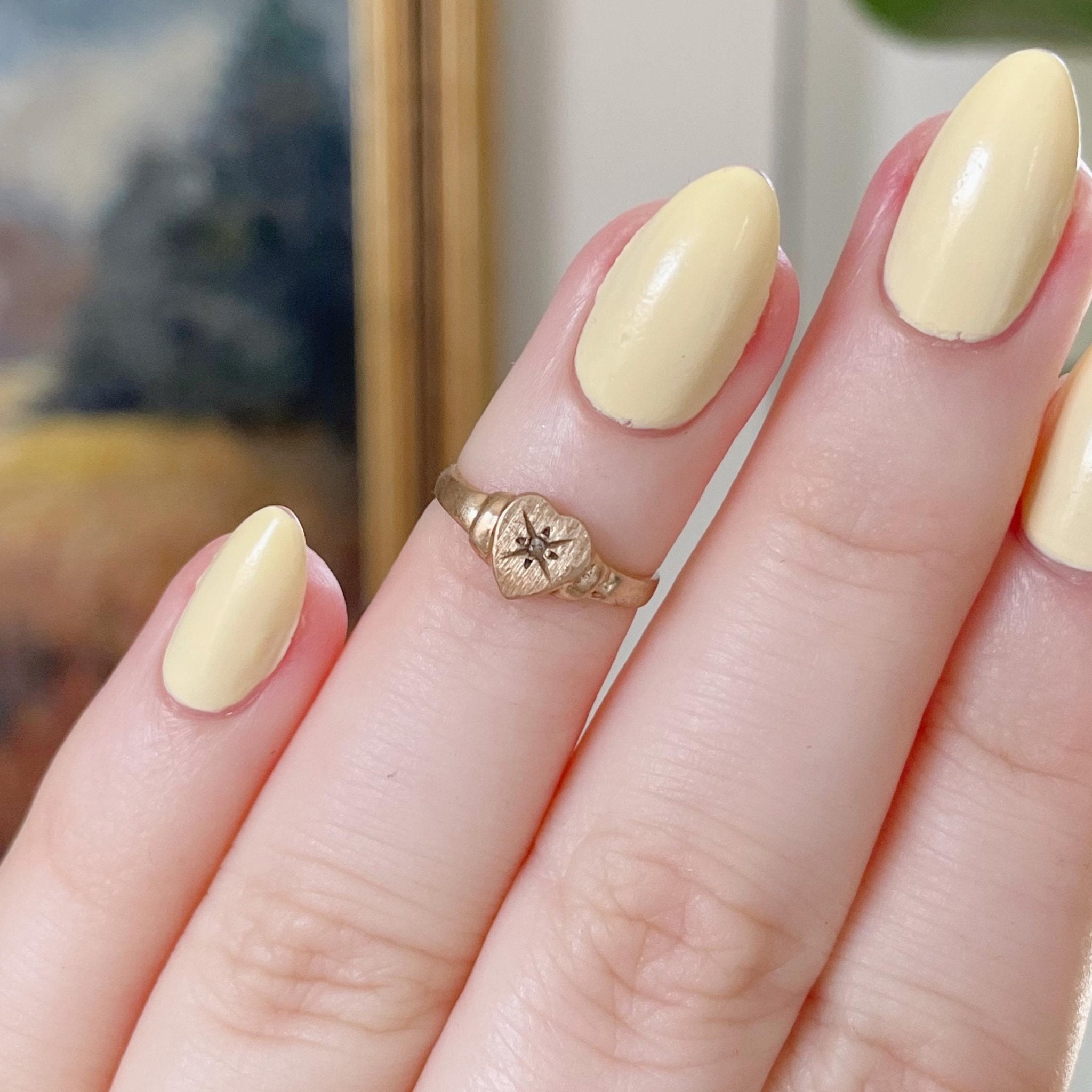 Retro 10k Yellow Gold and Diamond Heart Compass Signet Baby Midi Ring - Clover Collective Antiques