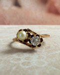 Retro 12k Yellow Gold Diamond and Pearl Toi et Moi Bypass Buttercup Ring - Clover Collective Antiques