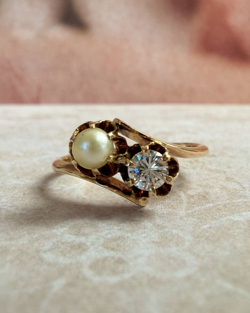 Retro 12k Yellow Gold Diamond and Pearl Toi et Moi Bypass Buttercup Ring - Clover Collective Antiques