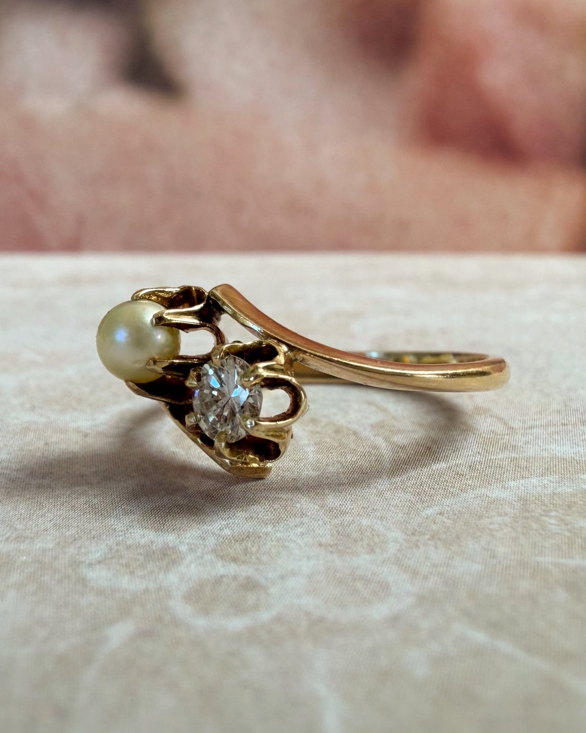 Retro 12k Yellow Gold Diamond and Pearl Toi et Moi Bypass Buttercup Ring - Clover Collective Antiques