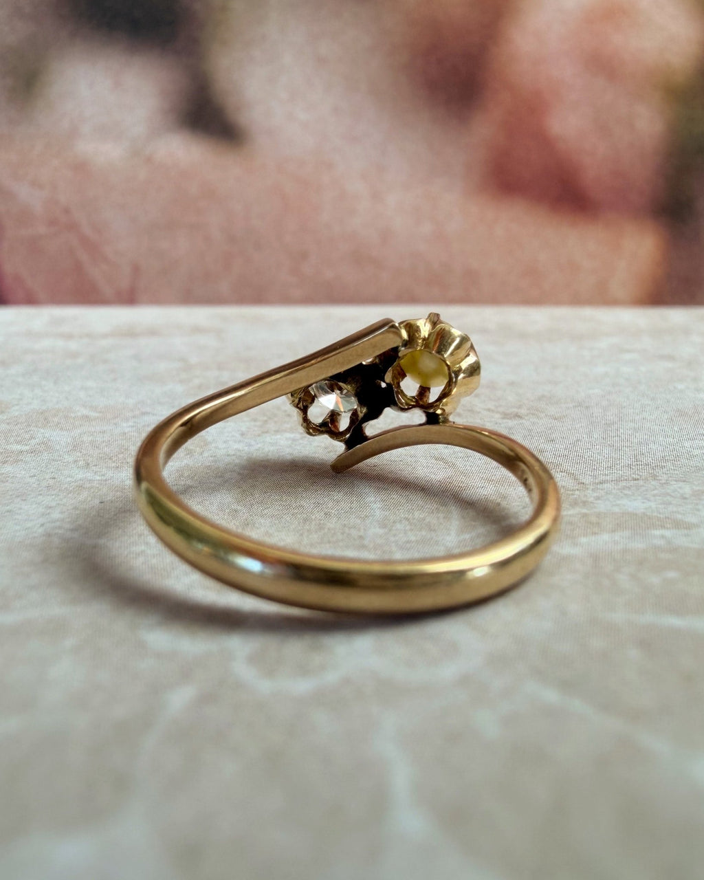 Retro 12k Yellow Gold Diamond and Pearl Toi et Moi Bypass Buttercup Ring - Clover Collective Antiques