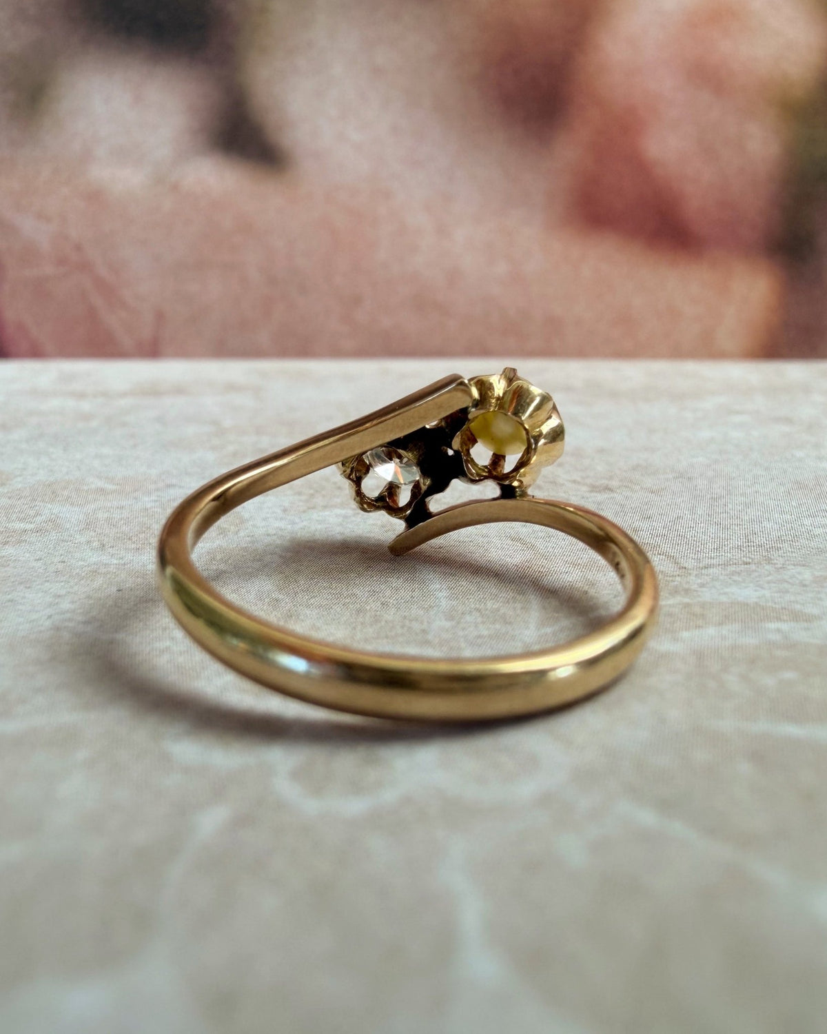 Retro 12k Yellow Gold Diamond and Pearl Toi et Moi Bypass Buttercup Ring - Clover Collective Antiques