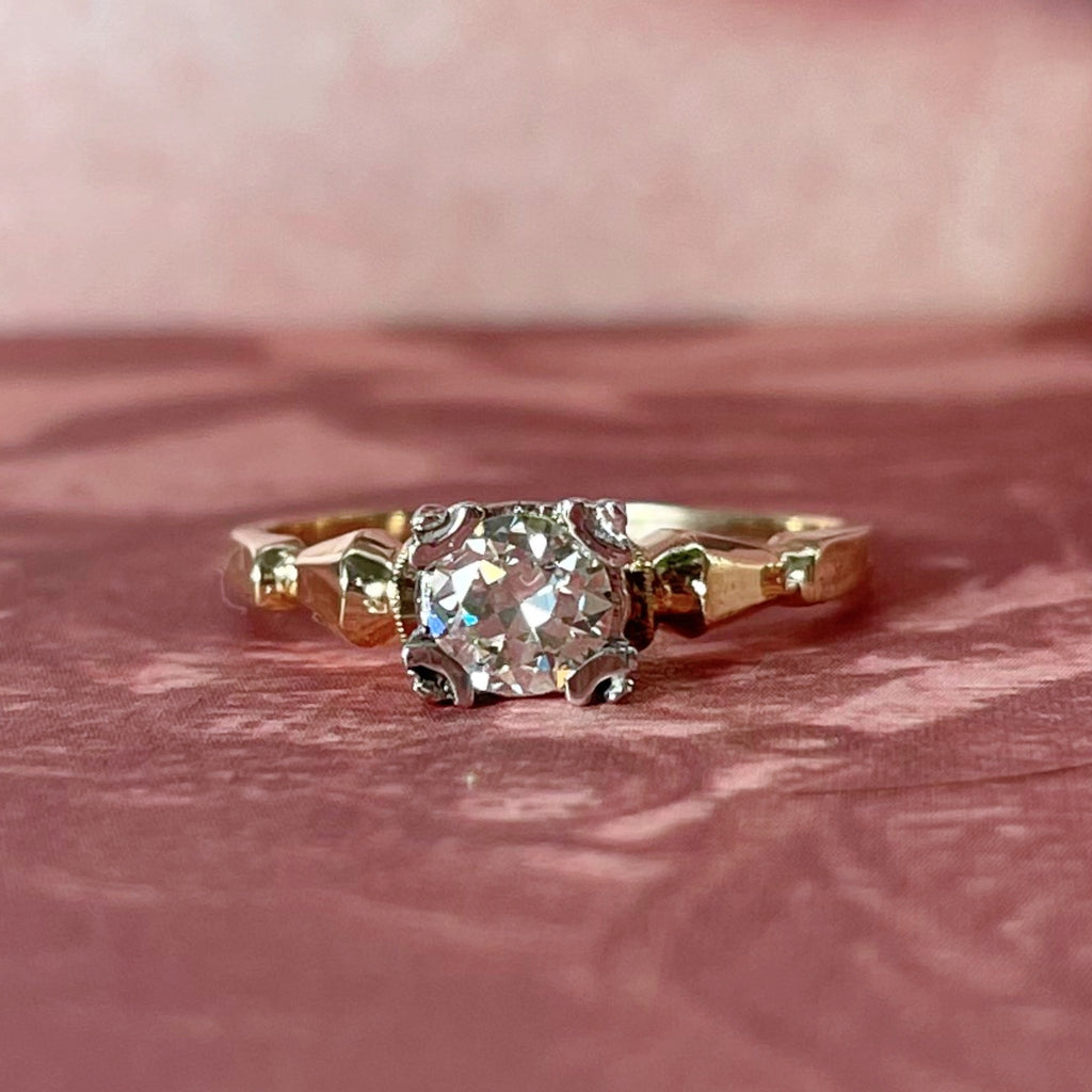 Retro 14k Two - Tone and Old European Cut Diamond Solitaire Ring - Clover Collective Antiques