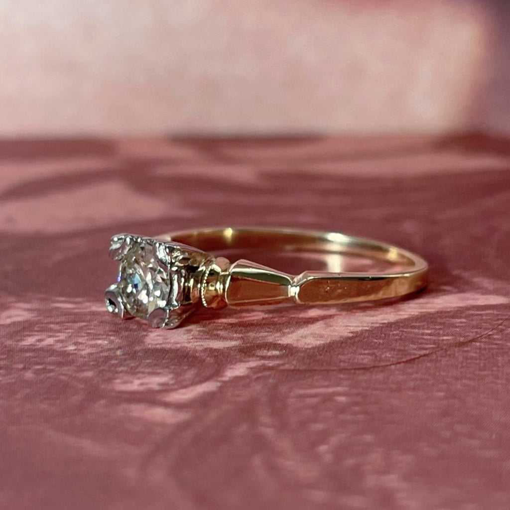 Retro 14k Two - Tone and Old European Cut Diamond Solitaire Ring - Clover Collective Antiques