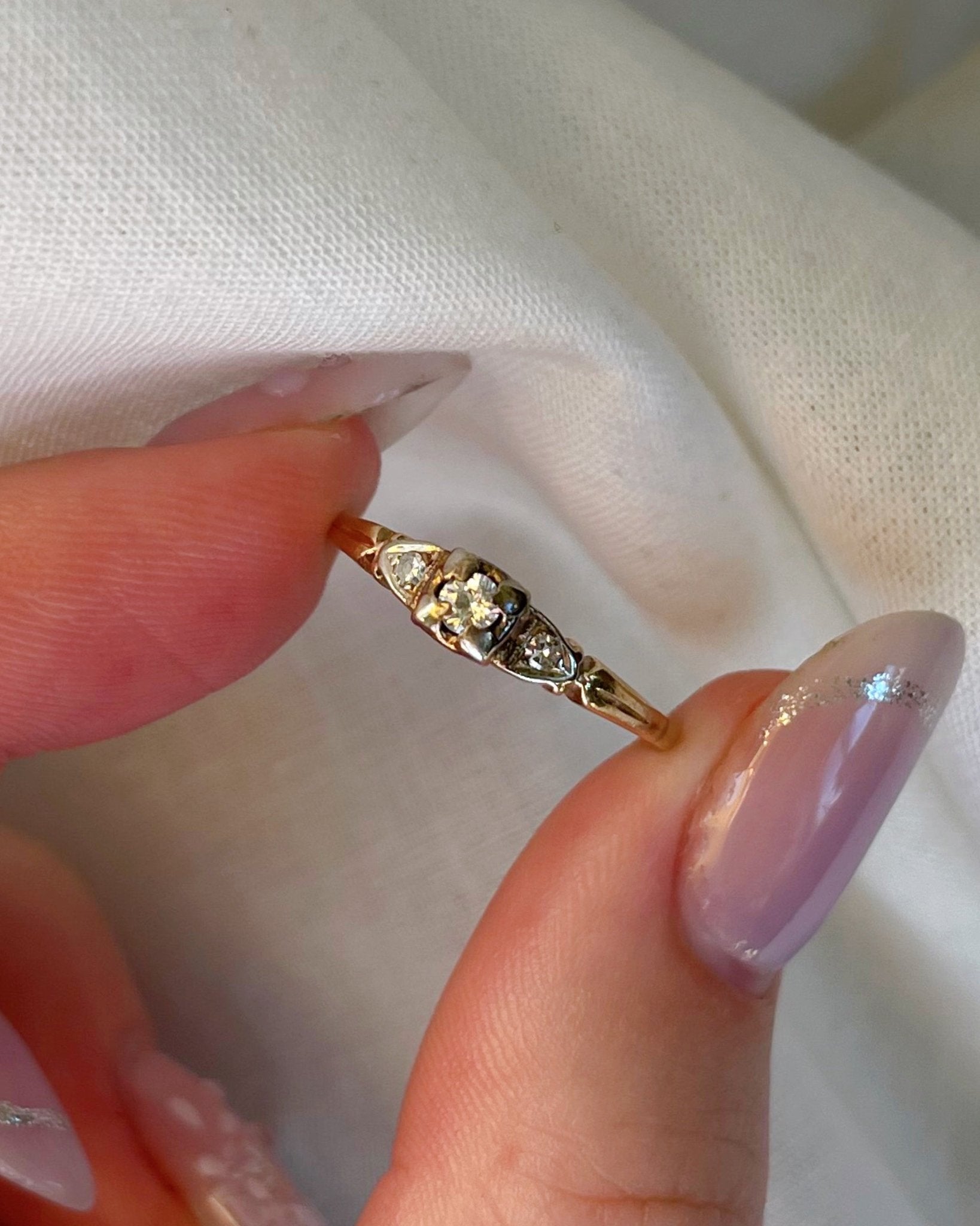 Retro 14k Yellow Gold and Diamond Three Stone Ring - Clover Collective Antiques