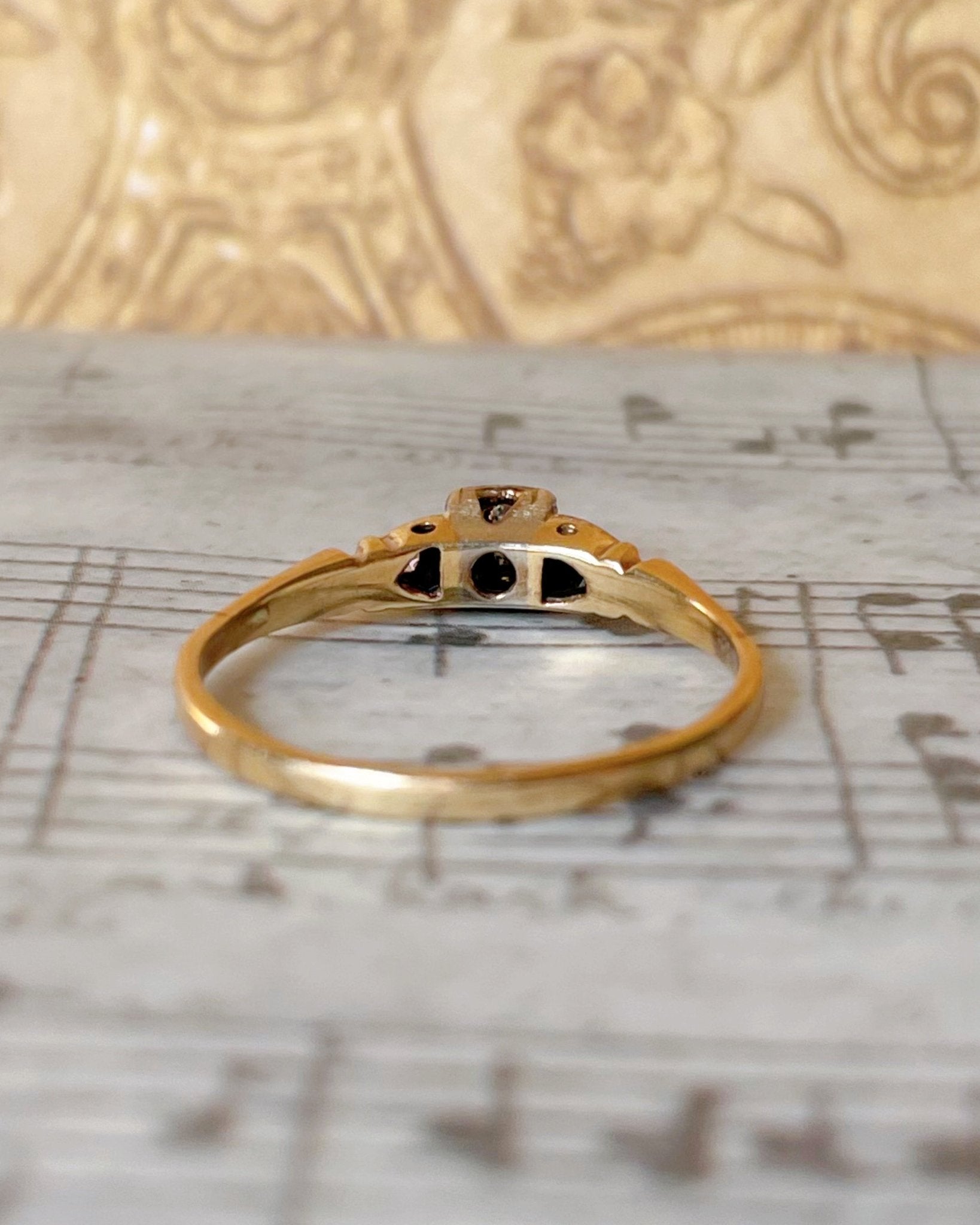 Retro 14k Yellow Gold and Diamond Three Stone Ring - Clover Collective Antiques
