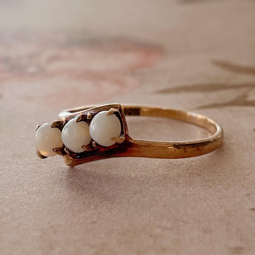 Retro Budlong, Docherty & Armstrong 10k Rose Gold and Opal Three Stone Bypass Ring - Clover Collective Antiques