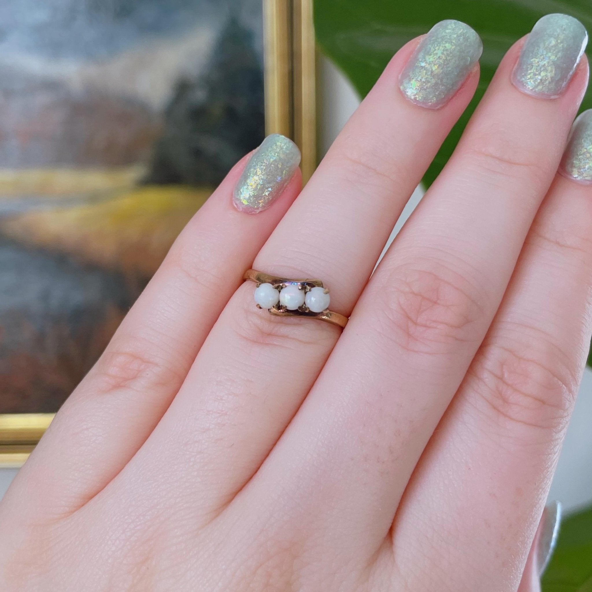 Retro Budlong, Docherty & Armstrong 10k Rose Gold and Opal Three Stone Bypass Ring - Clover Collective Antiques