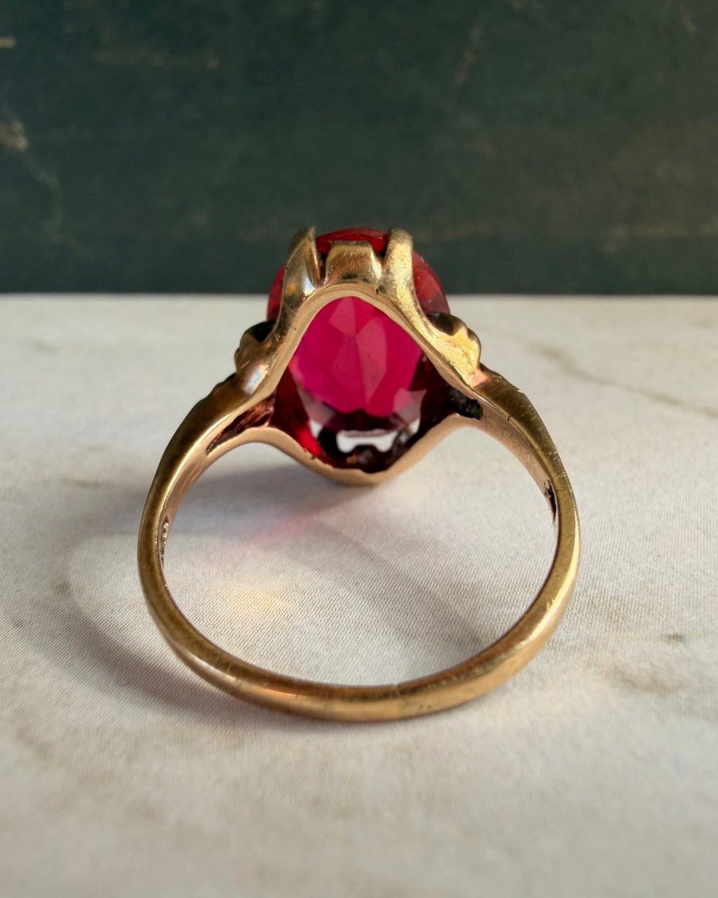 Retro Esemco 10k Yellow Gold and Synthetic Ruby Ring - Clover Collective Antiques