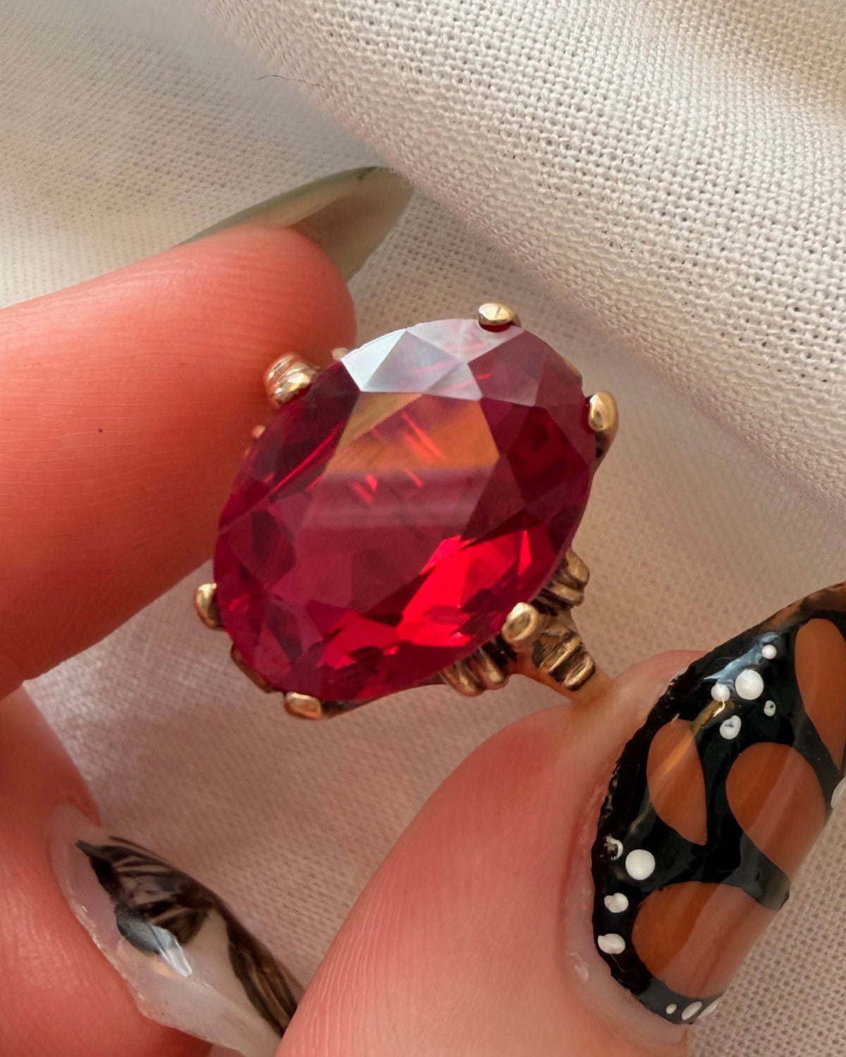 Retro Esemco 10k Yellow Gold and Synthetic Ruby Ring - Clover Collective Antiques