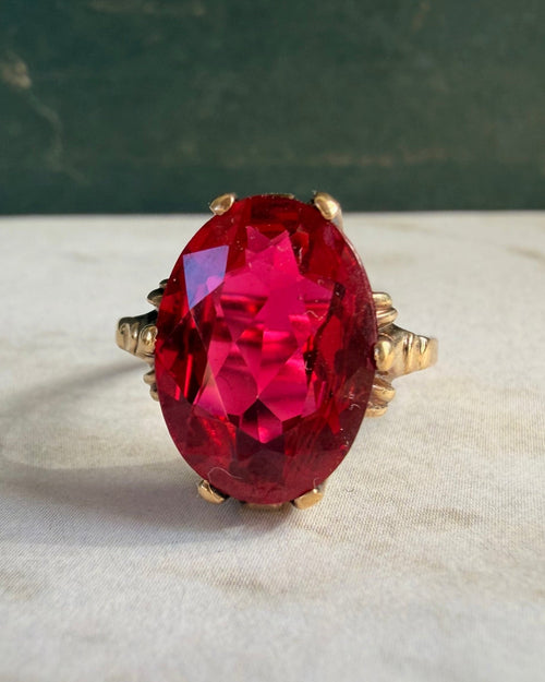 Retro Esemco 10k Yellow Gold and Synthetic Ruby Ring - Clover Collective Antiques