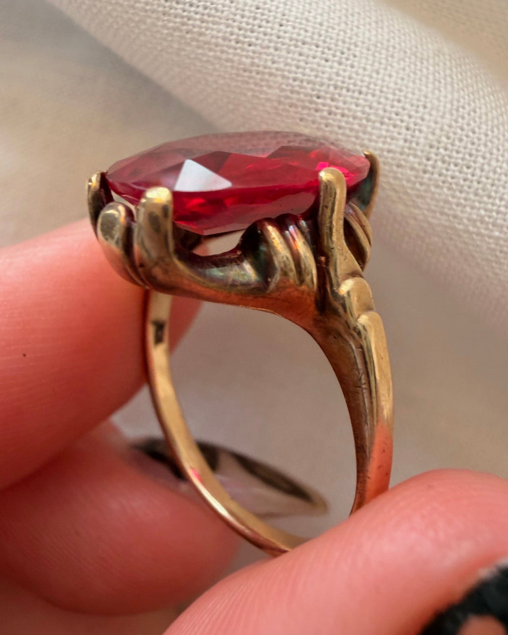 Retro Esemco 10k Yellow Gold and Synthetic Ruby Ring - Clover Collective Antiques