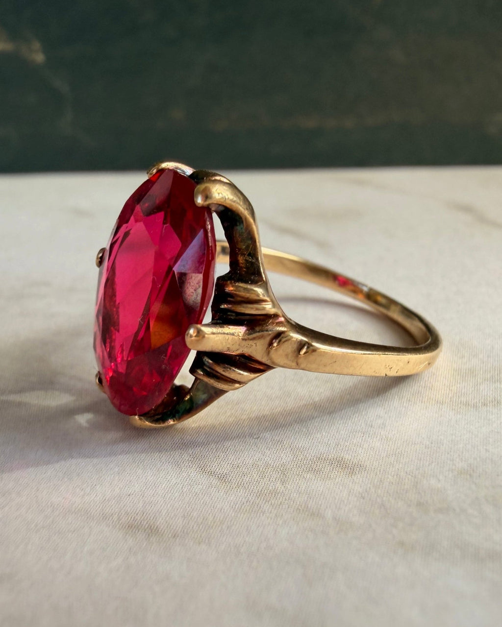 Retro Esemco 10k Yellow Gold and Synthetic Ruby Ring - Clover Collective Antiques